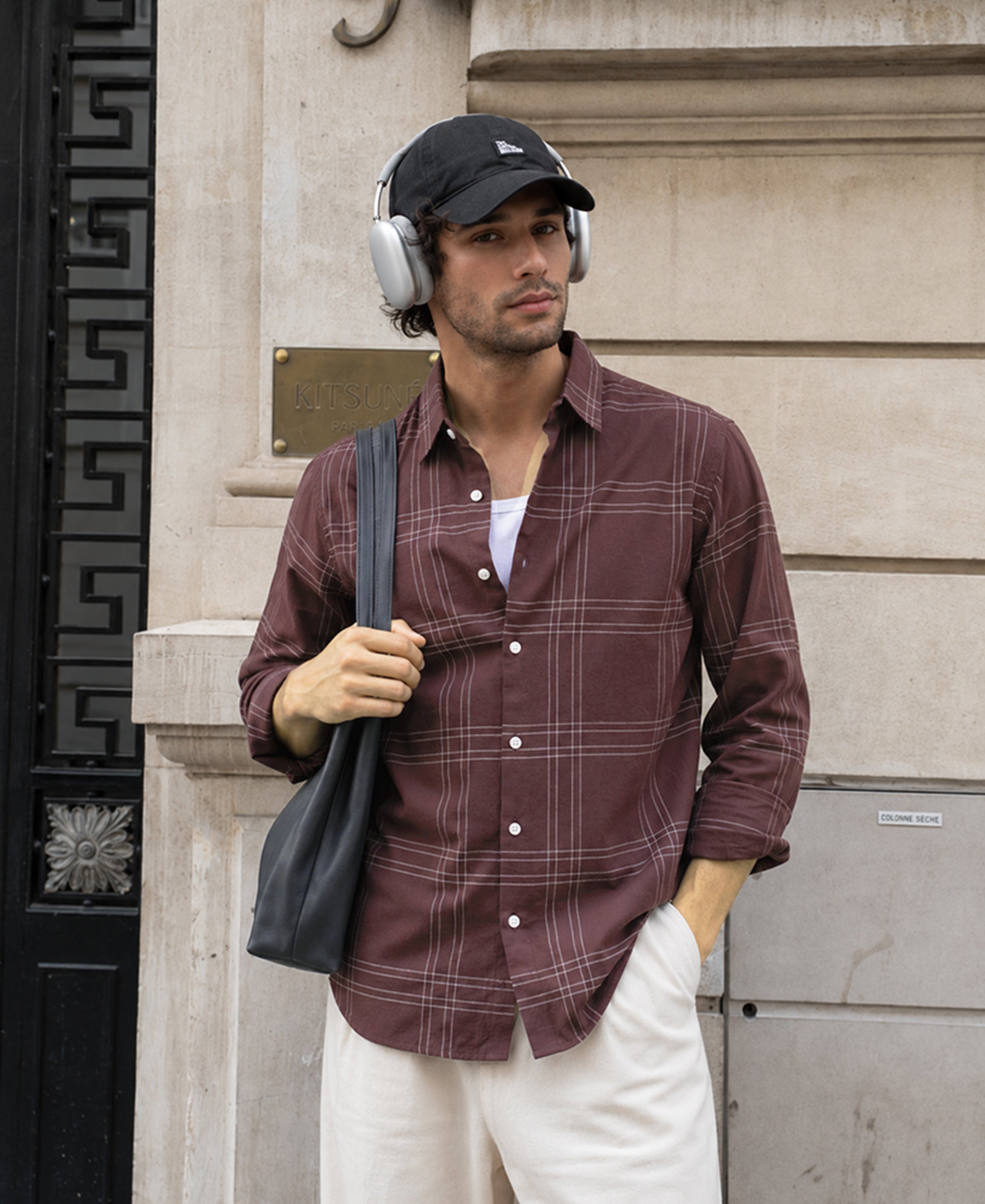 Brown Linen Blend Checks Shirt 100% Cotton