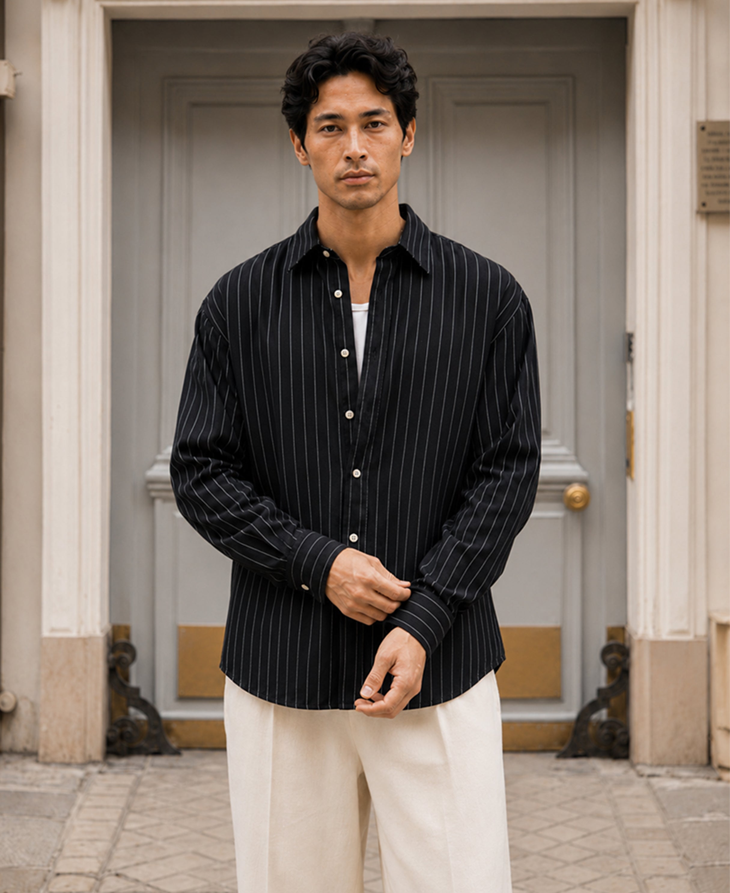 Black Cotton Oxford. Stripe Shirt