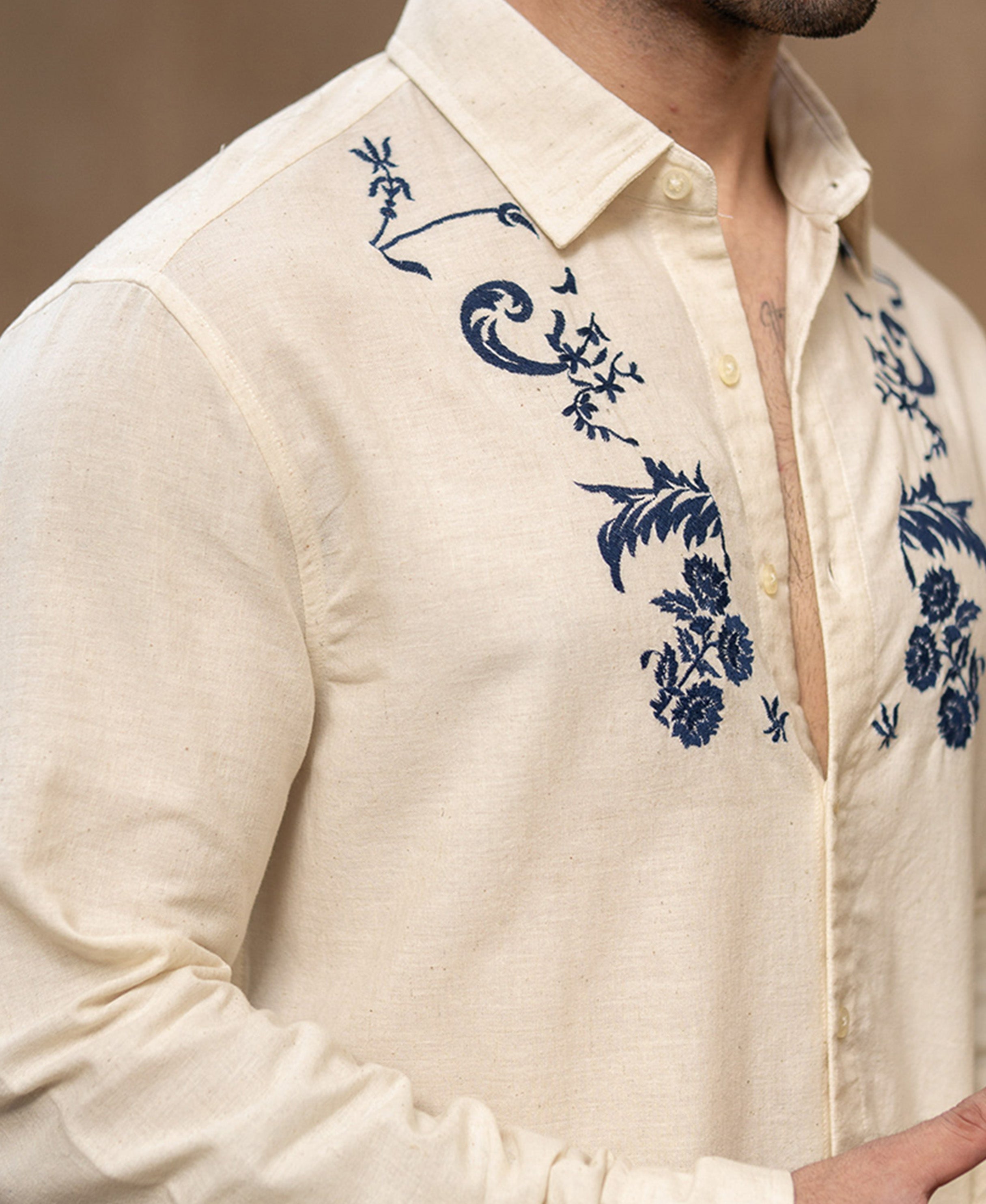 Natural Embroidered Linen Blend Shirt