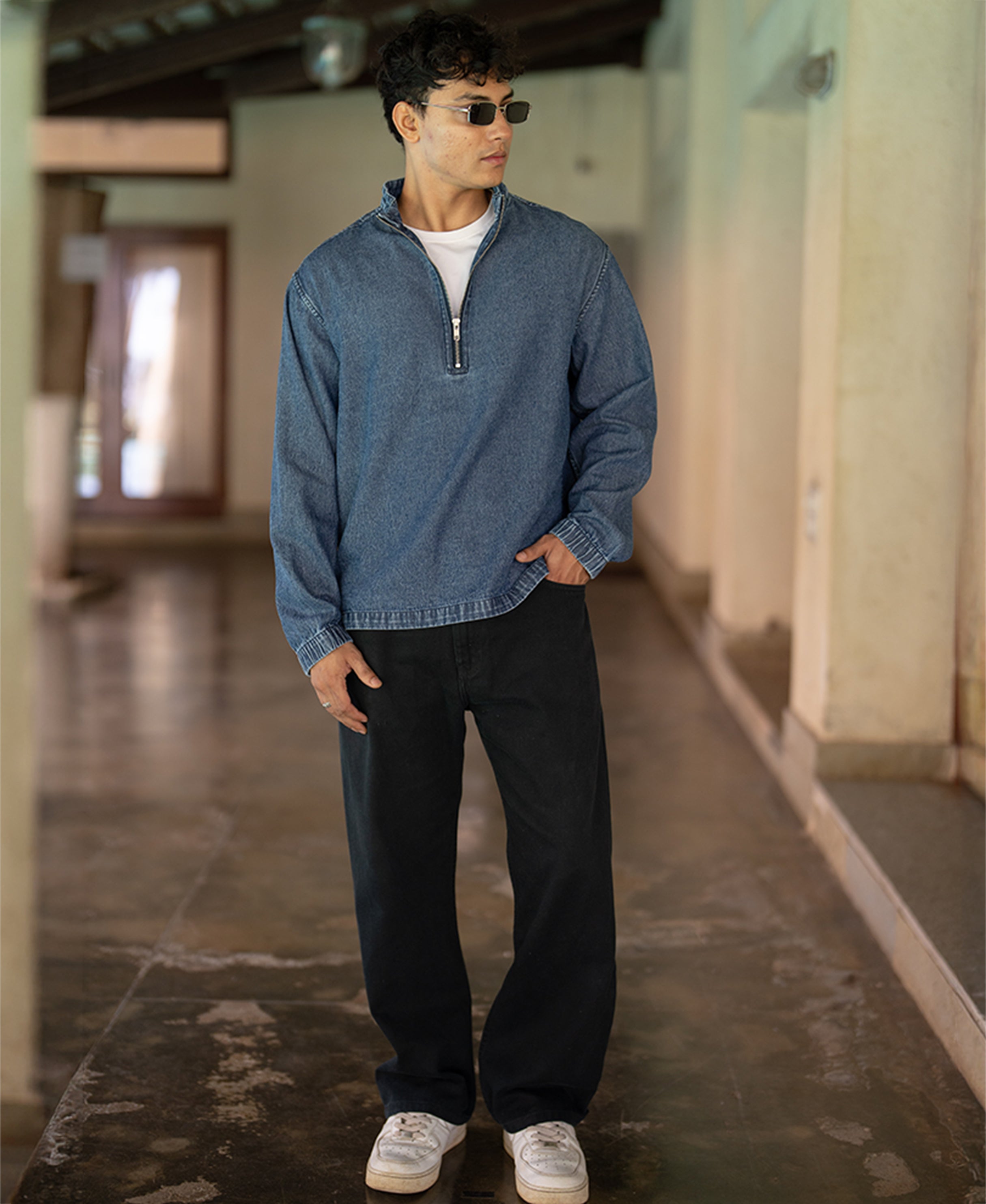 Dark Blue Washed Denim Zipper Shirt