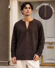 Brown Embroidered Linen Blend Kurta Shirt