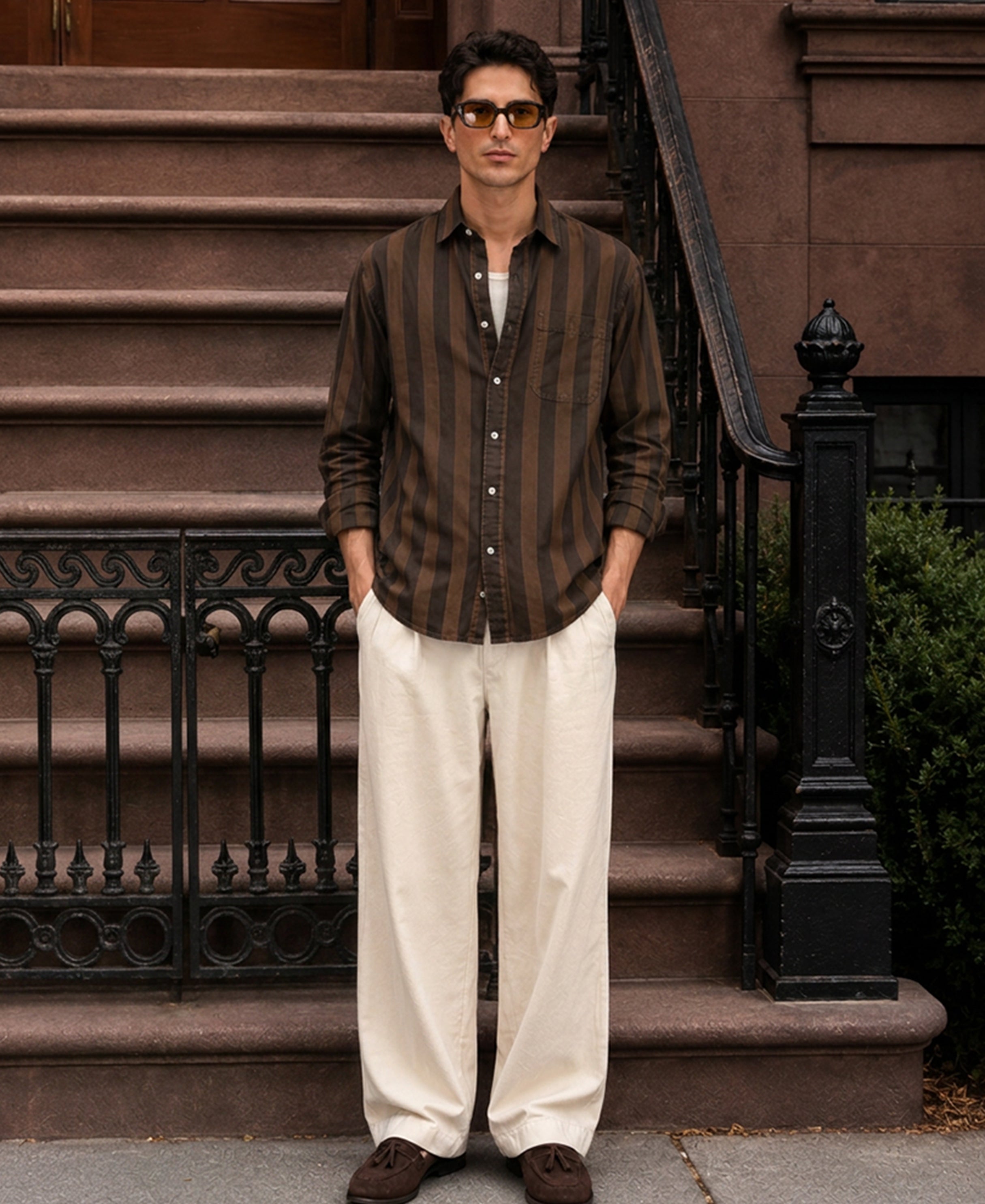 Brown Tonal Stripe Washed Shirt 100% Cotton