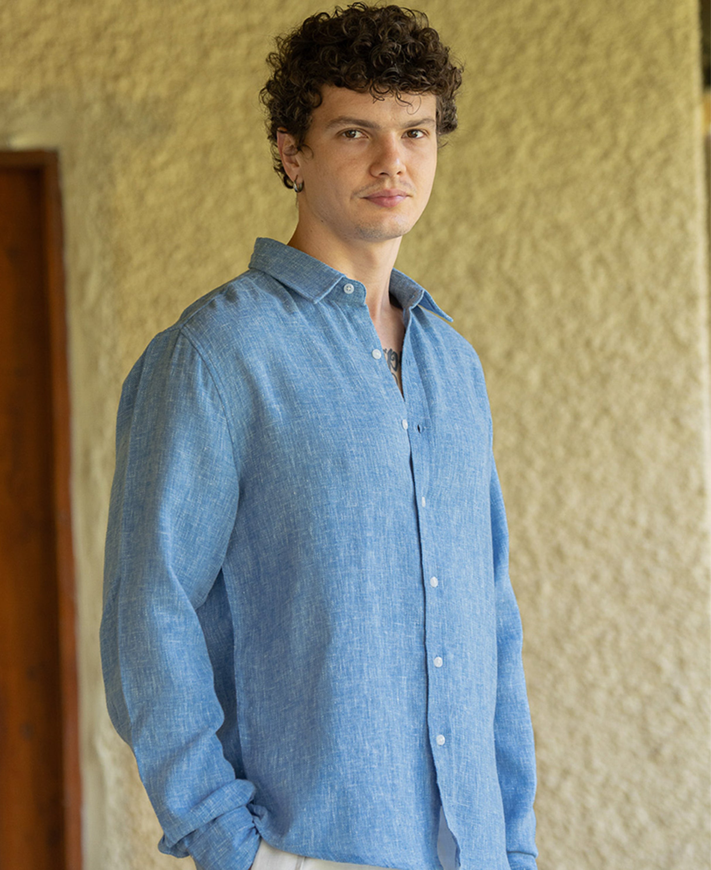 Blue Linen Blend Structured Shirt
