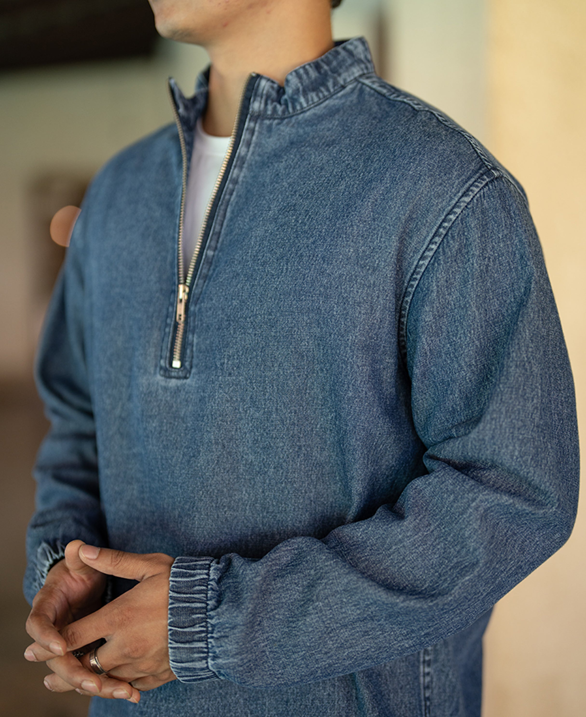 Dark Blue Washed Denim Zipper Shirt