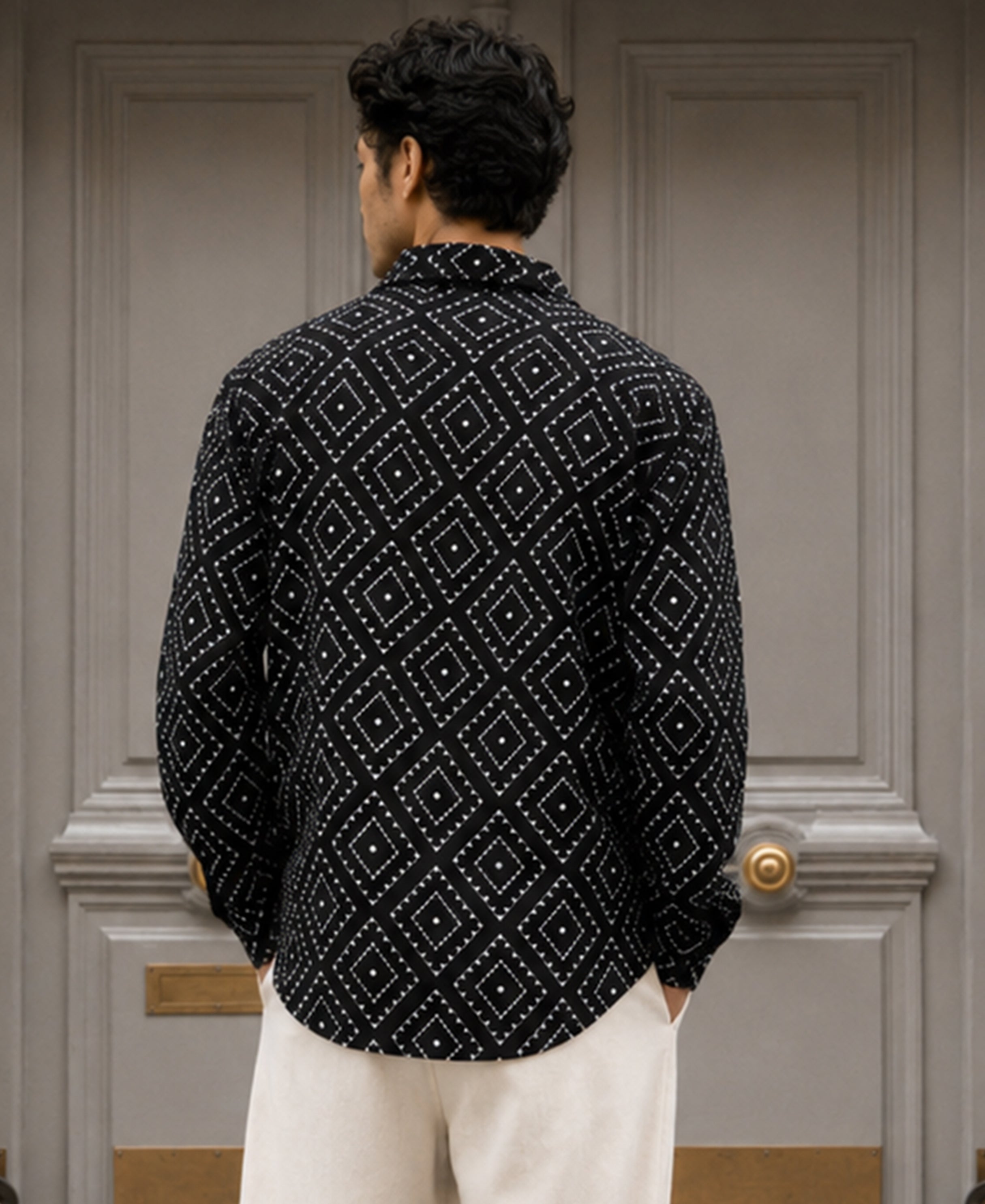 Black Geometric Embroidery Shirt 100% Cotton
