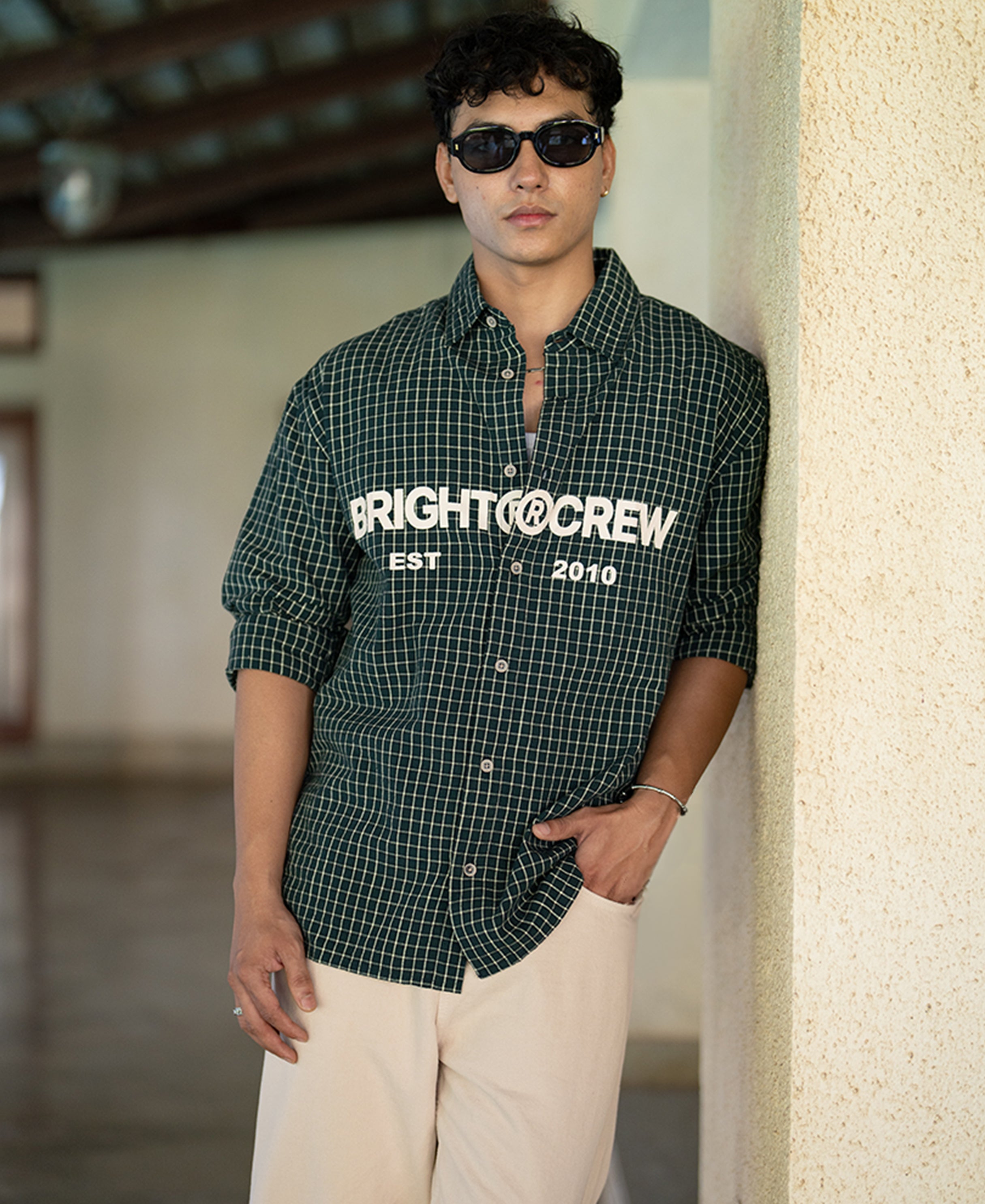 Pine Green Printed Checks Shirt 100% Cotton