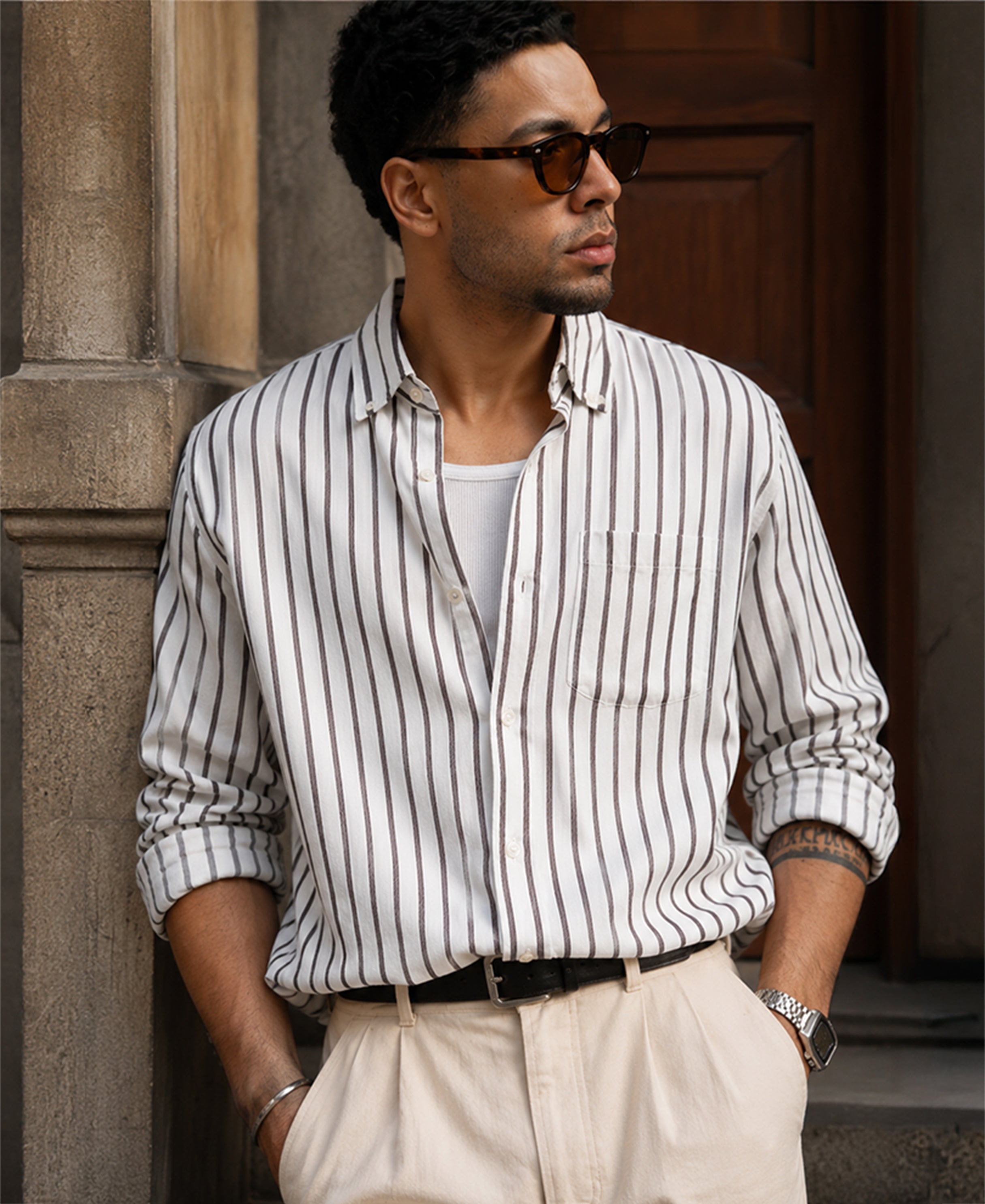 White Linen Blend Stripe Shirt