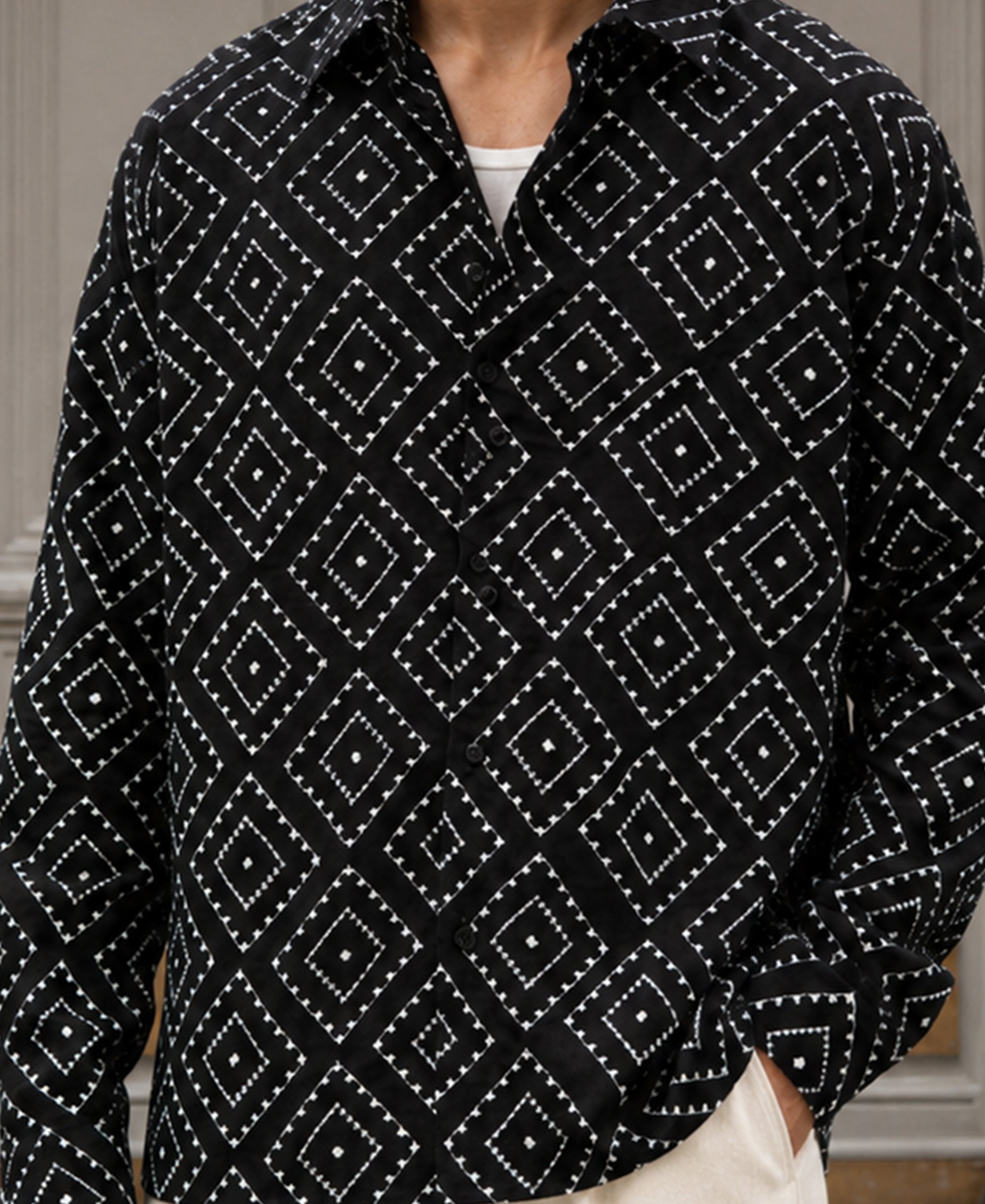 Black Geometric Embroidery Shirt 100% Cotton
