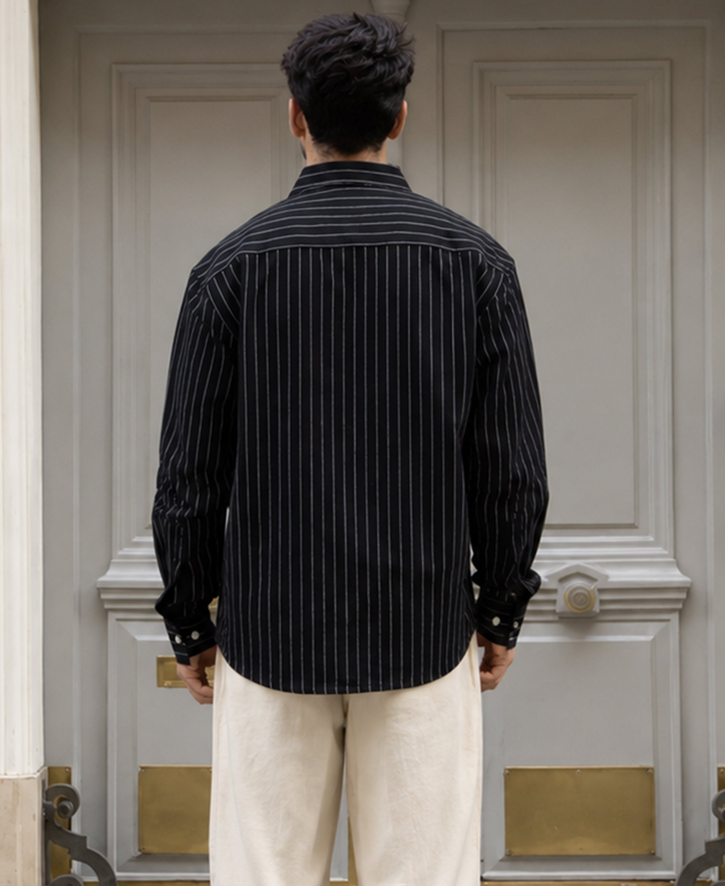 Black Cotton Oxford. Stripe Shirt