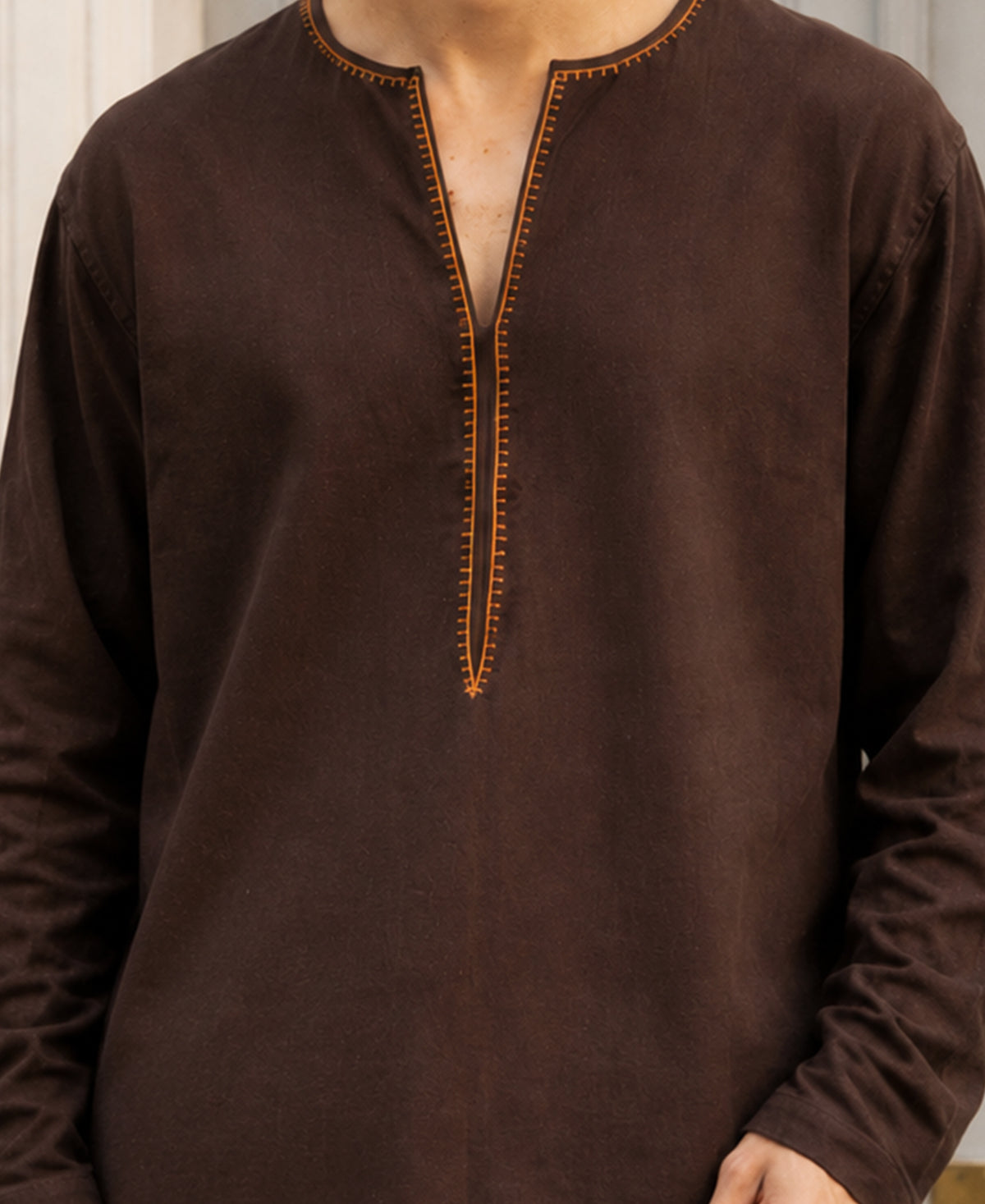 Brown Embroidered Linen Blend Kurta Shirt