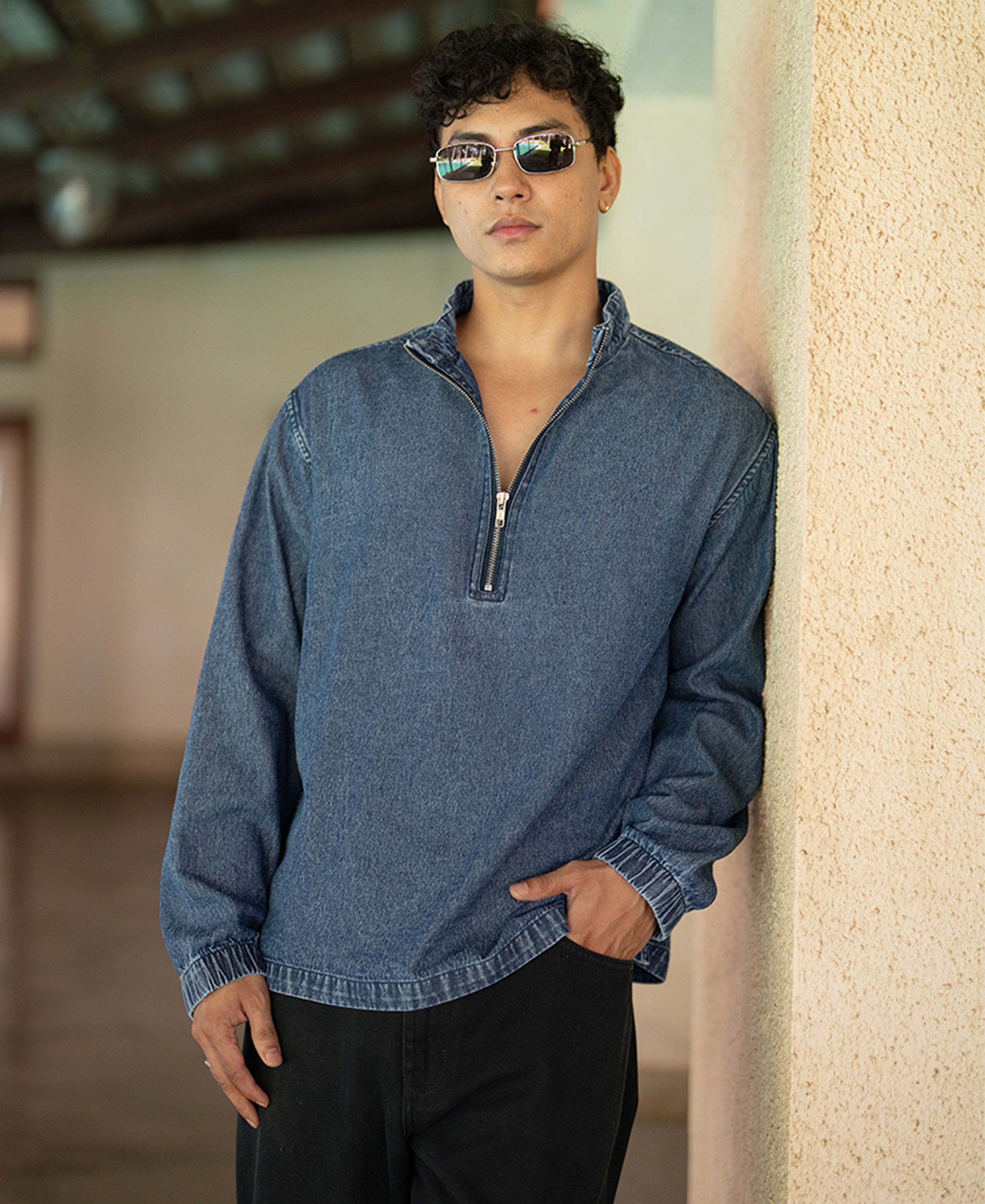 Dark Blue Washed Denim Zipper Shirt