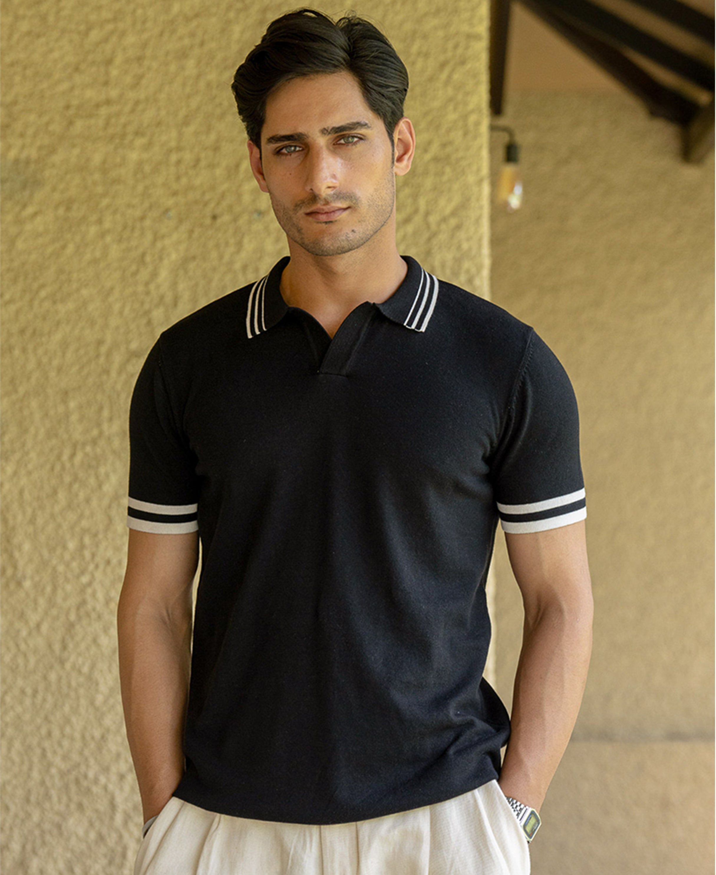 Black Knitted Polo T-Shirt 100% Cotton