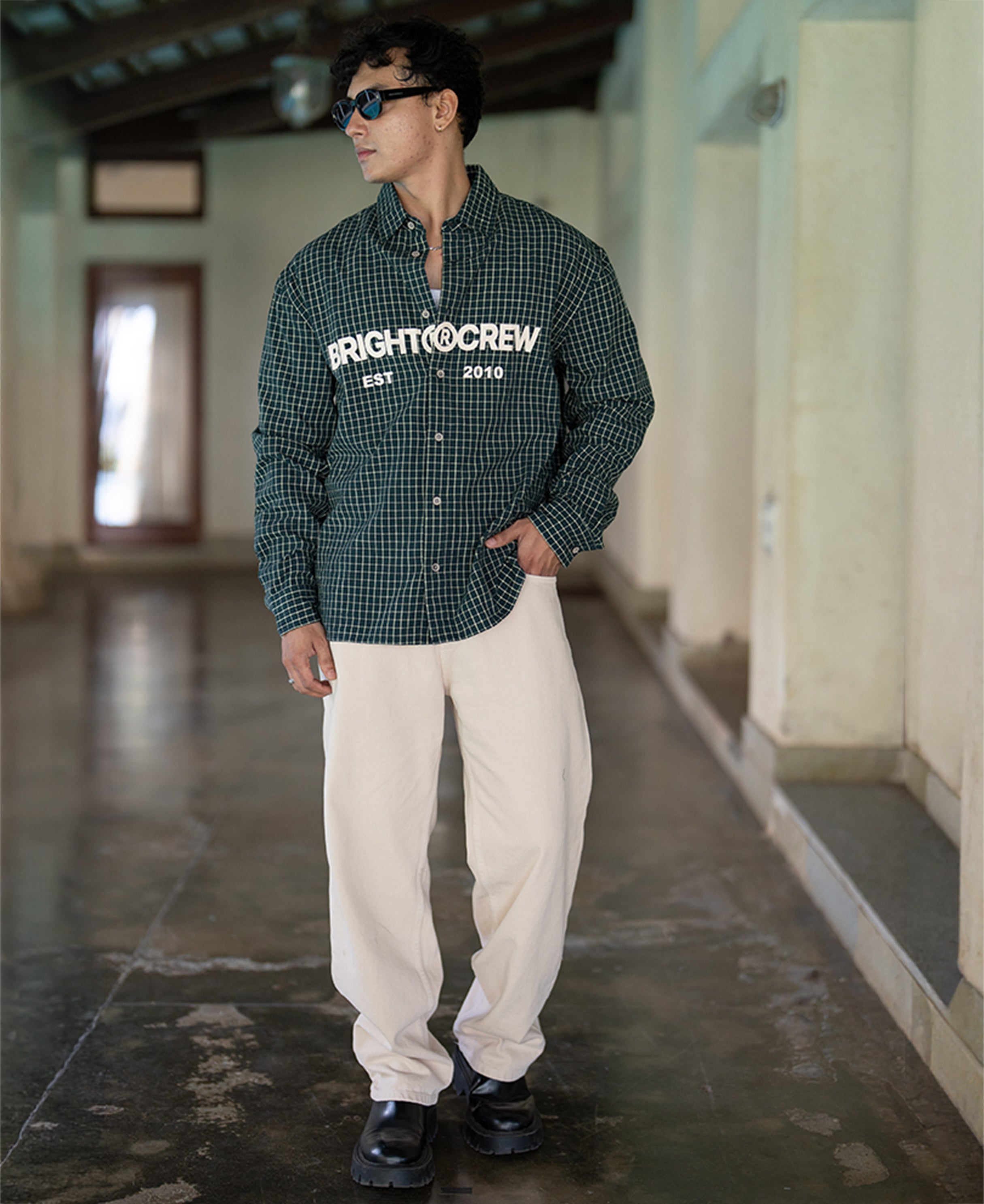 Pine Green Printed Checks Shirt 100% Cotton