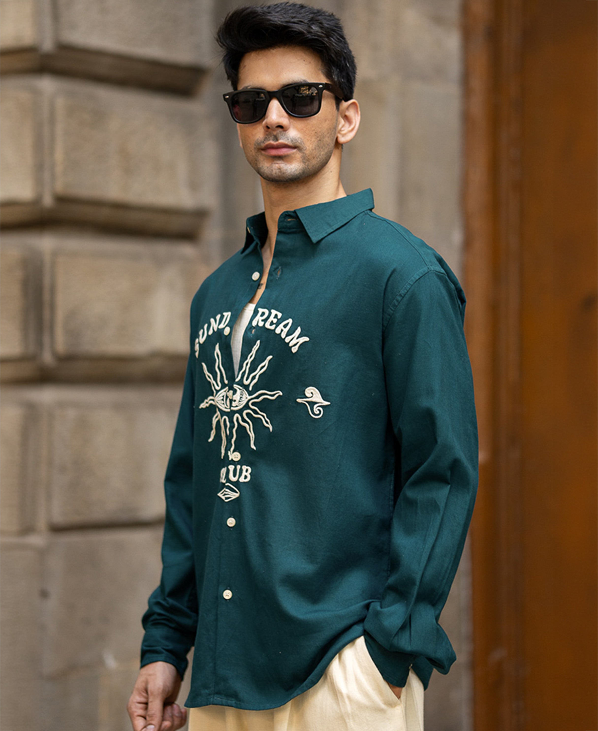 Teal Blue Embroidered Shirt 100% Cotton