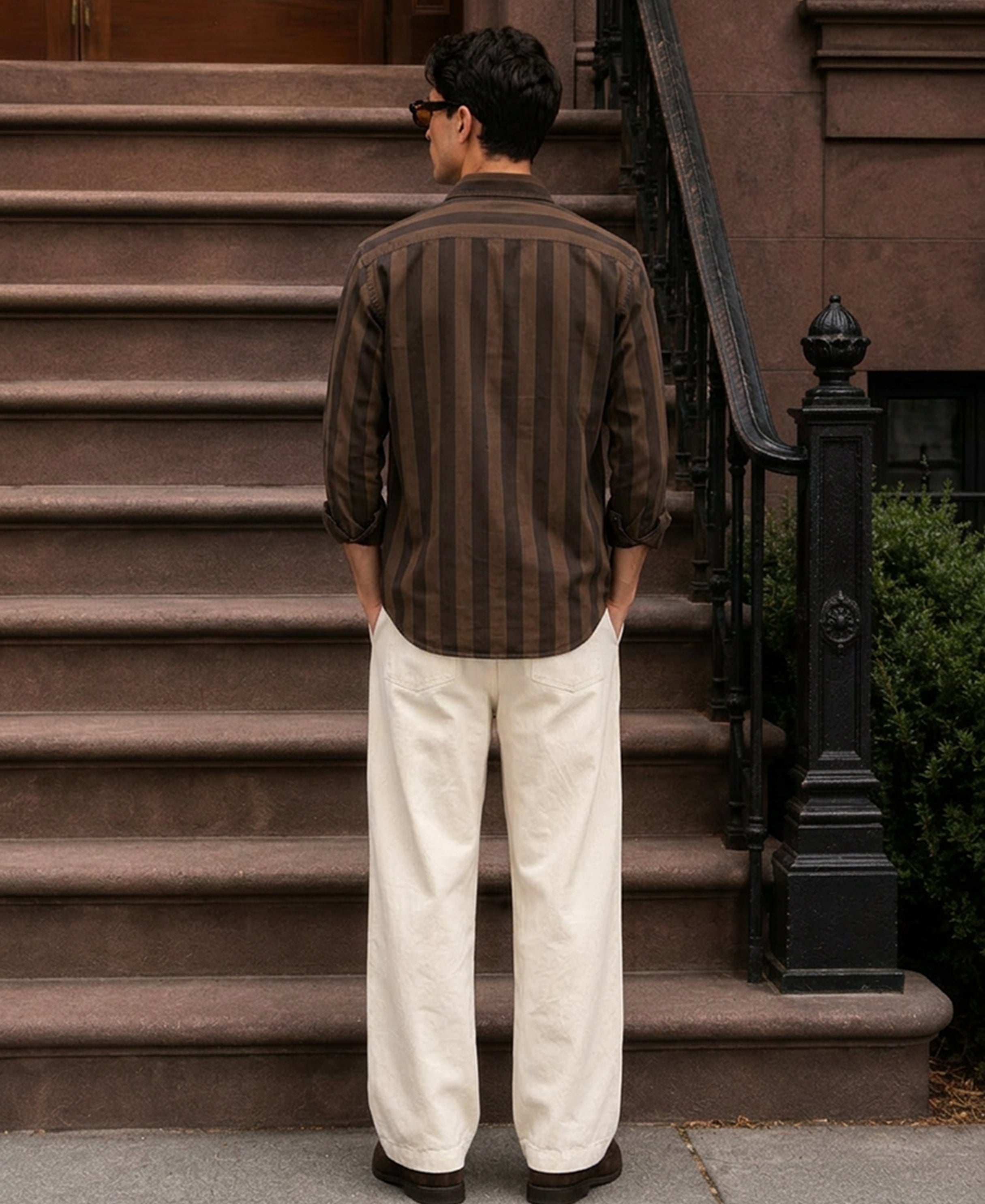 Brown Tonal Stripe Washed Shirt 100% Cotton