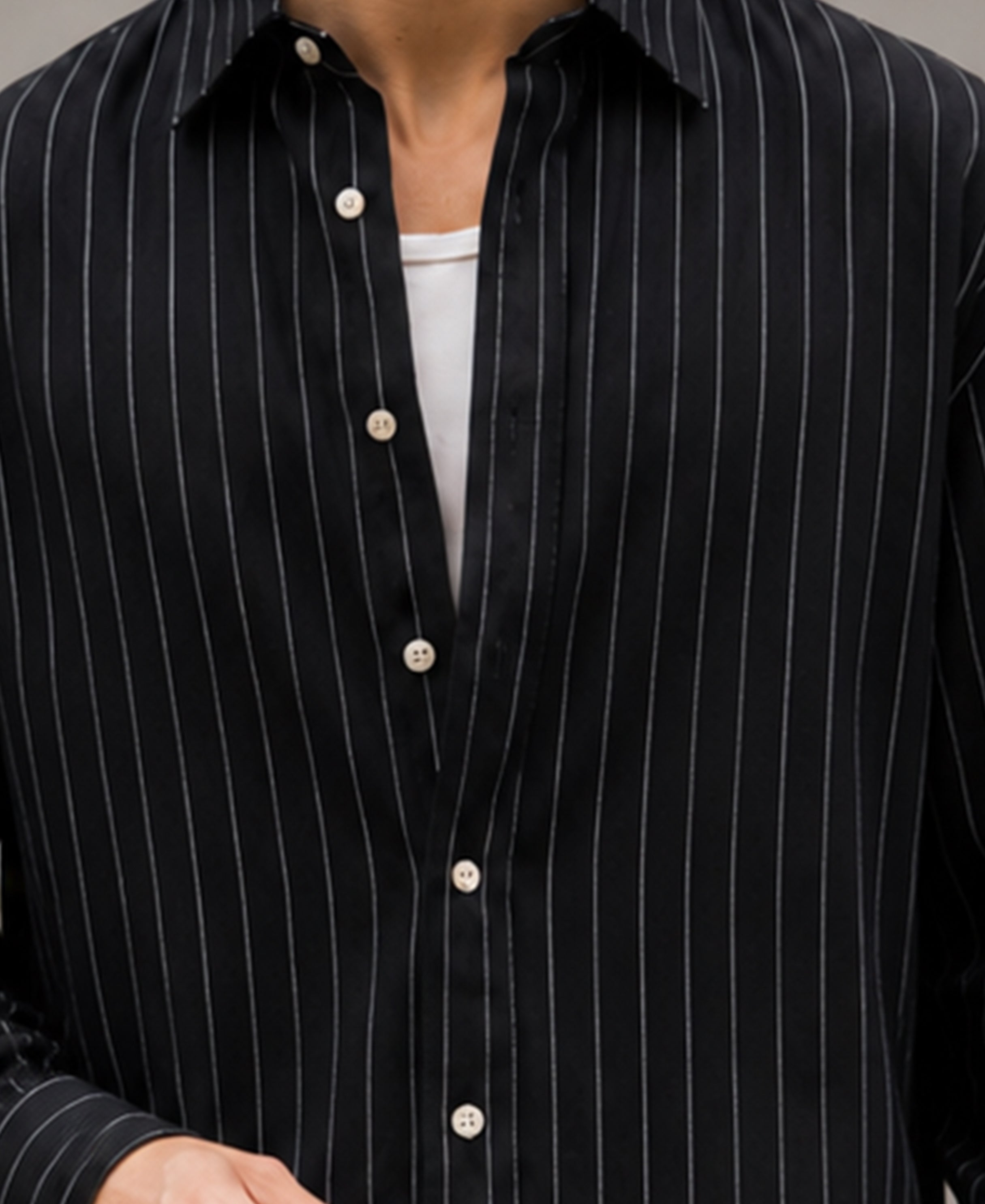 Black Cotton Oxford. Stripe Shirt