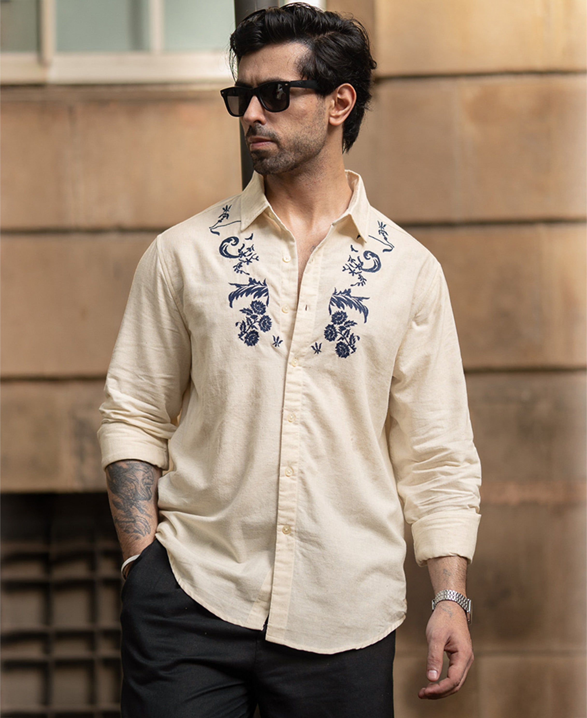 Natural Embroidered Linen Blend Shirt