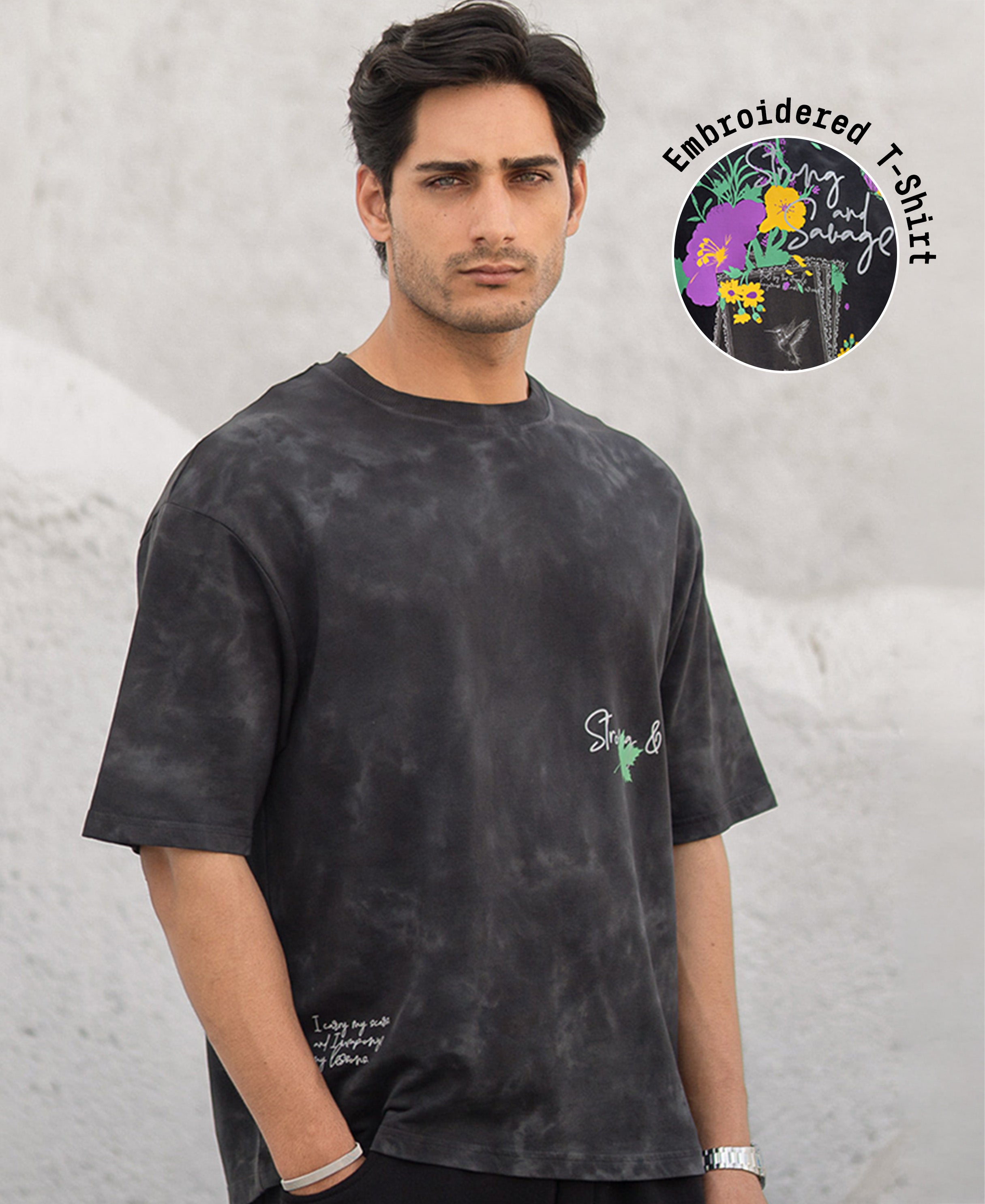 Black Washed Floral Print T-Shirt 100% Cotton