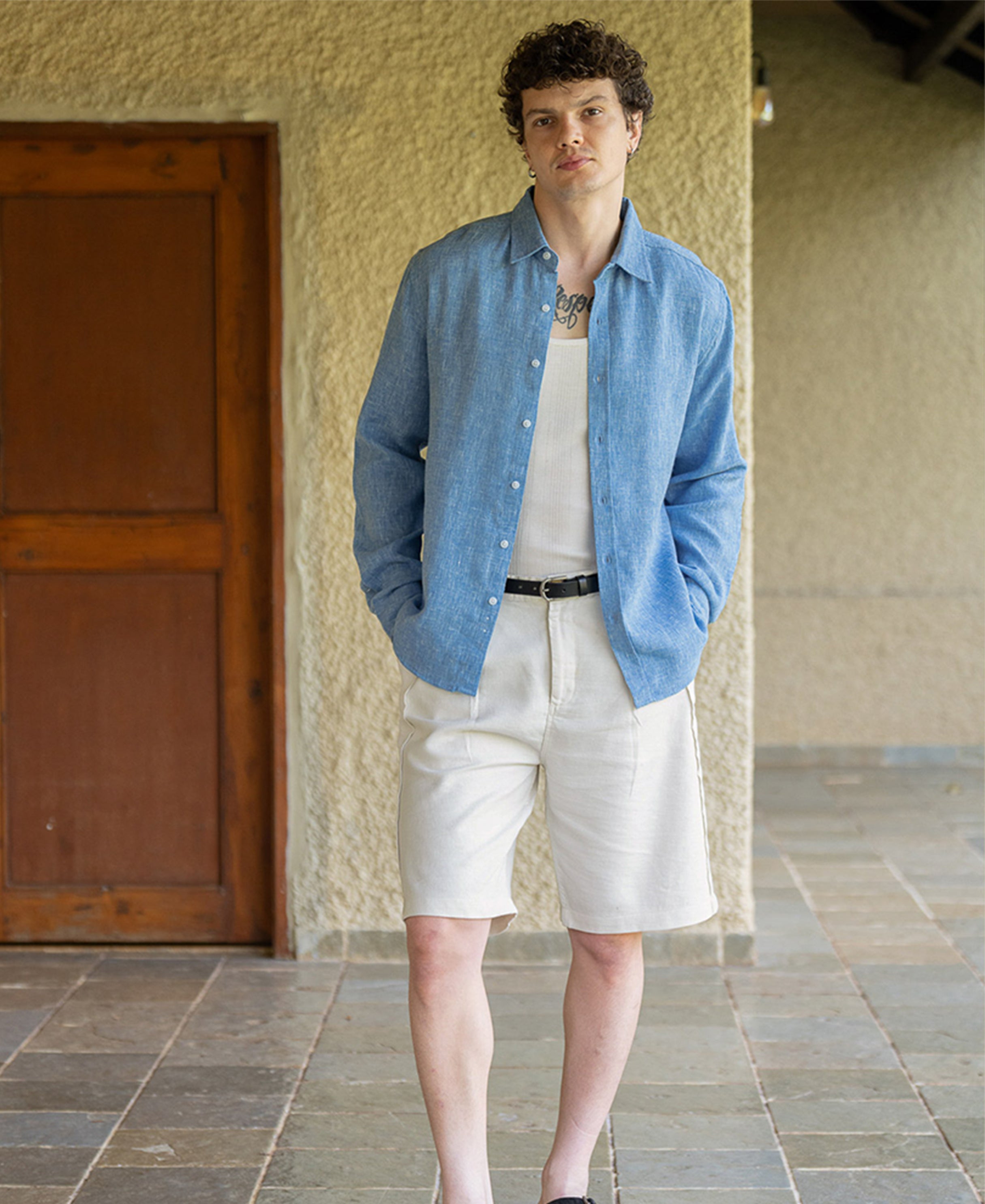 Blue Linen Blend Structured Shirt