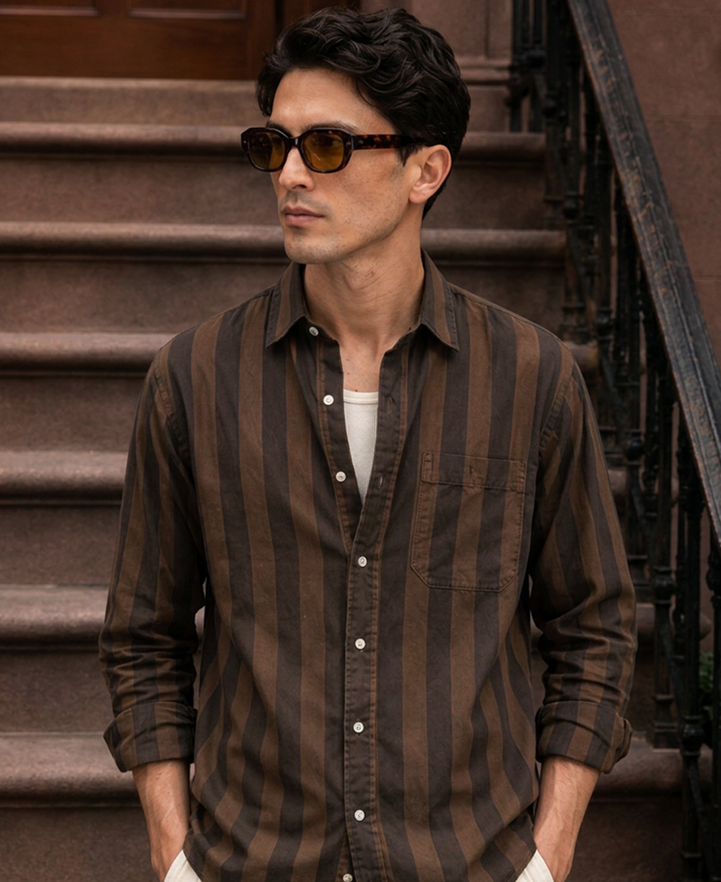 Brown Tonal Stripe Washed Shirt 100% Cotton