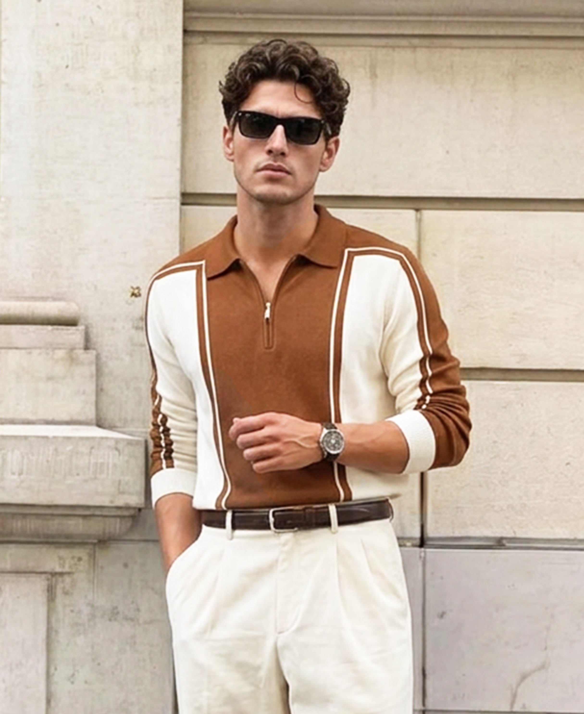 Brown-White Colour Blocked Polo T-Shirt 100% Cotton