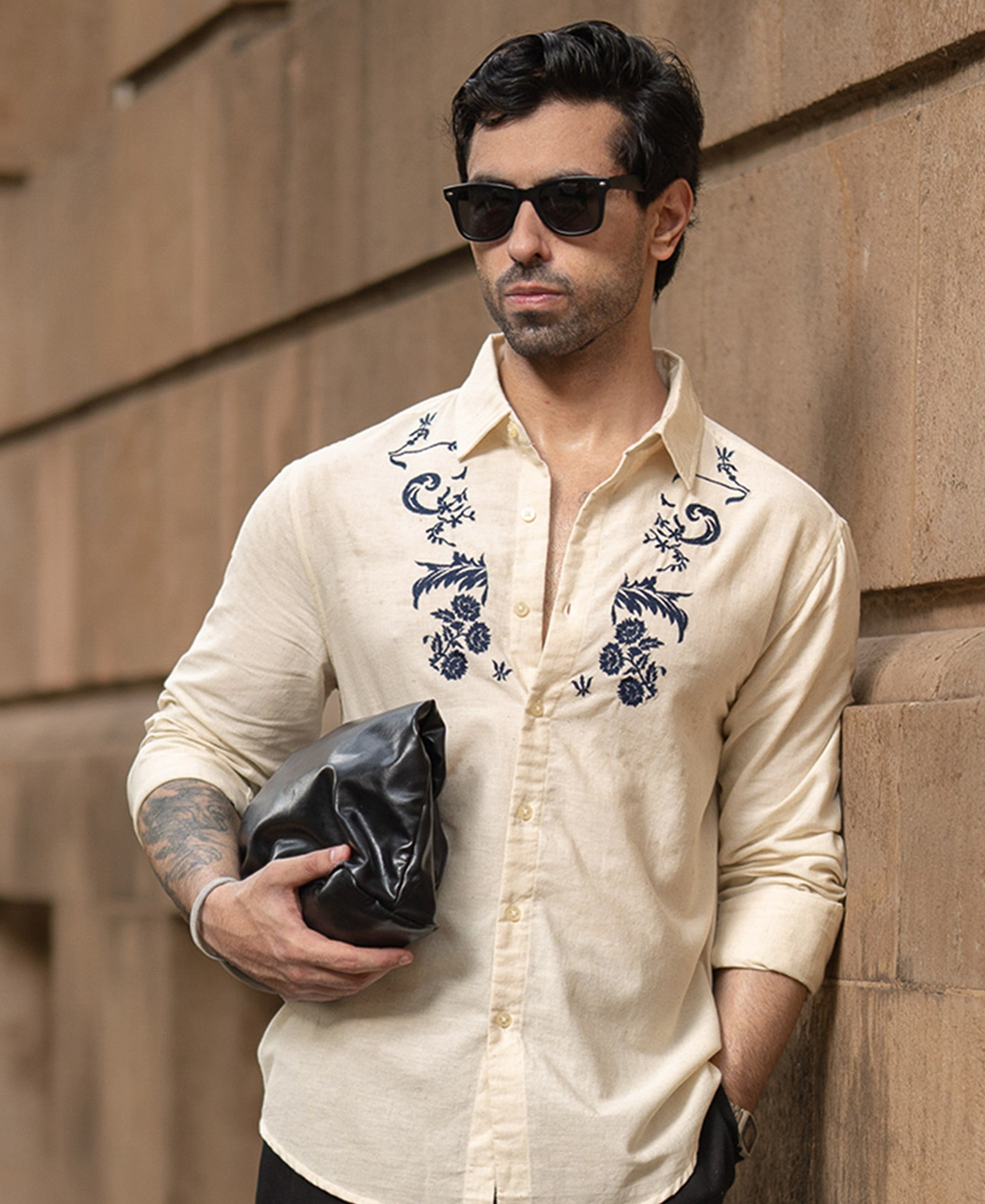 Natural Embroidered Linen Blend Shirt