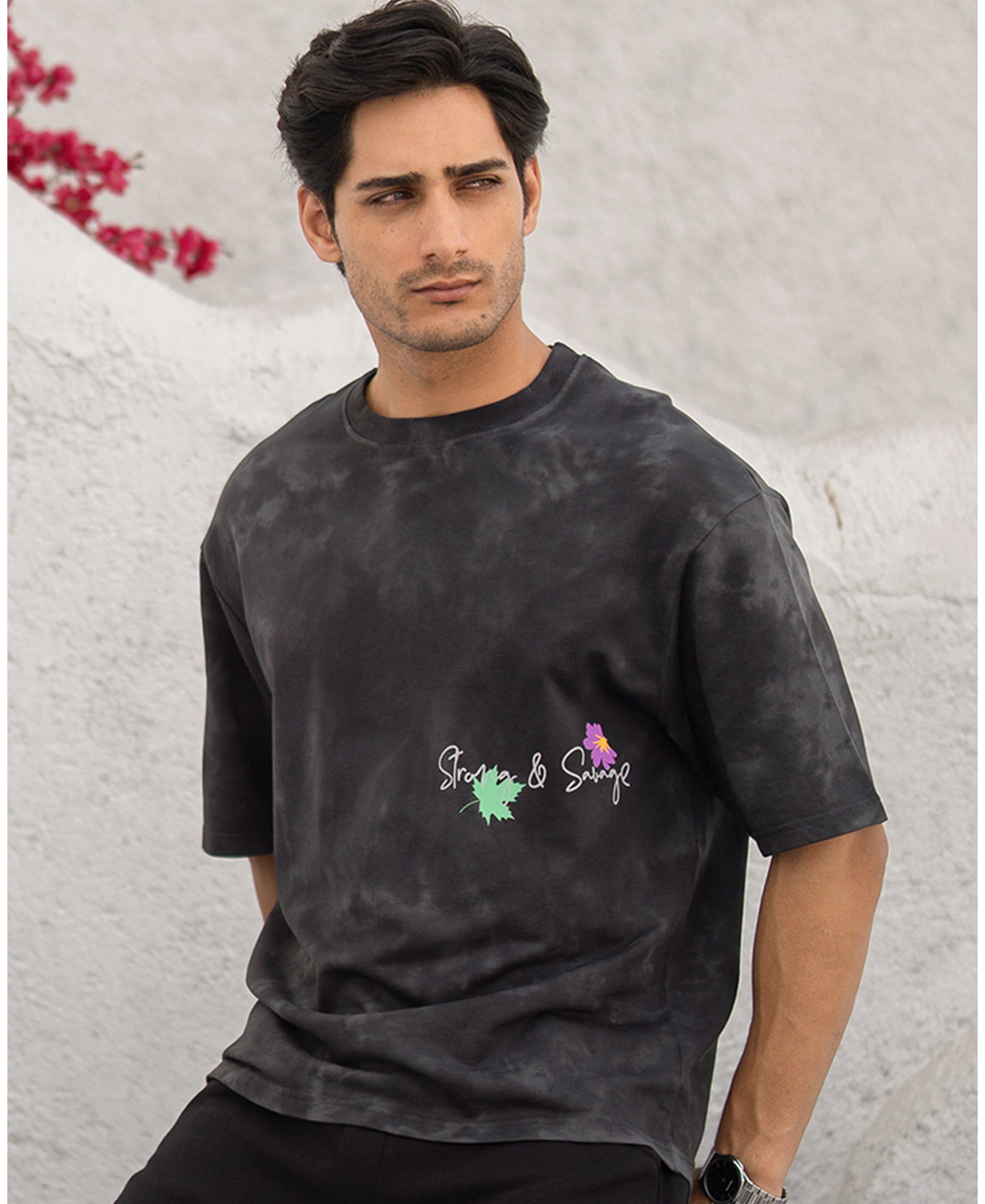 Black Washed Floral Print T-Shirt 100% Cotton