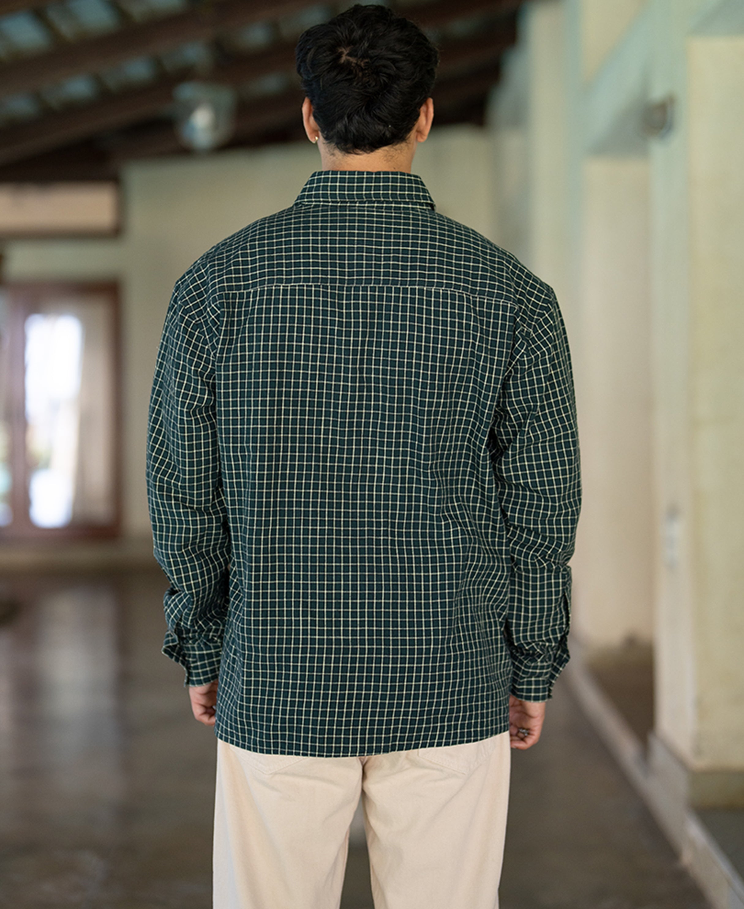 Pine Green Printed Checks Shirt 100% Cotton
