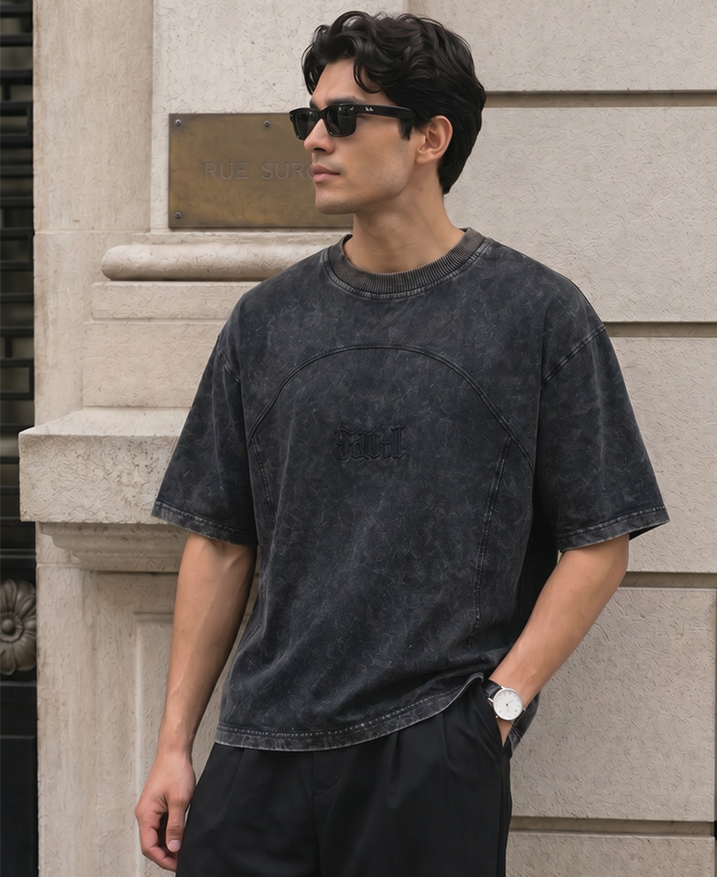 Grey Washed Panelled T-Shirt 100% Cotton
