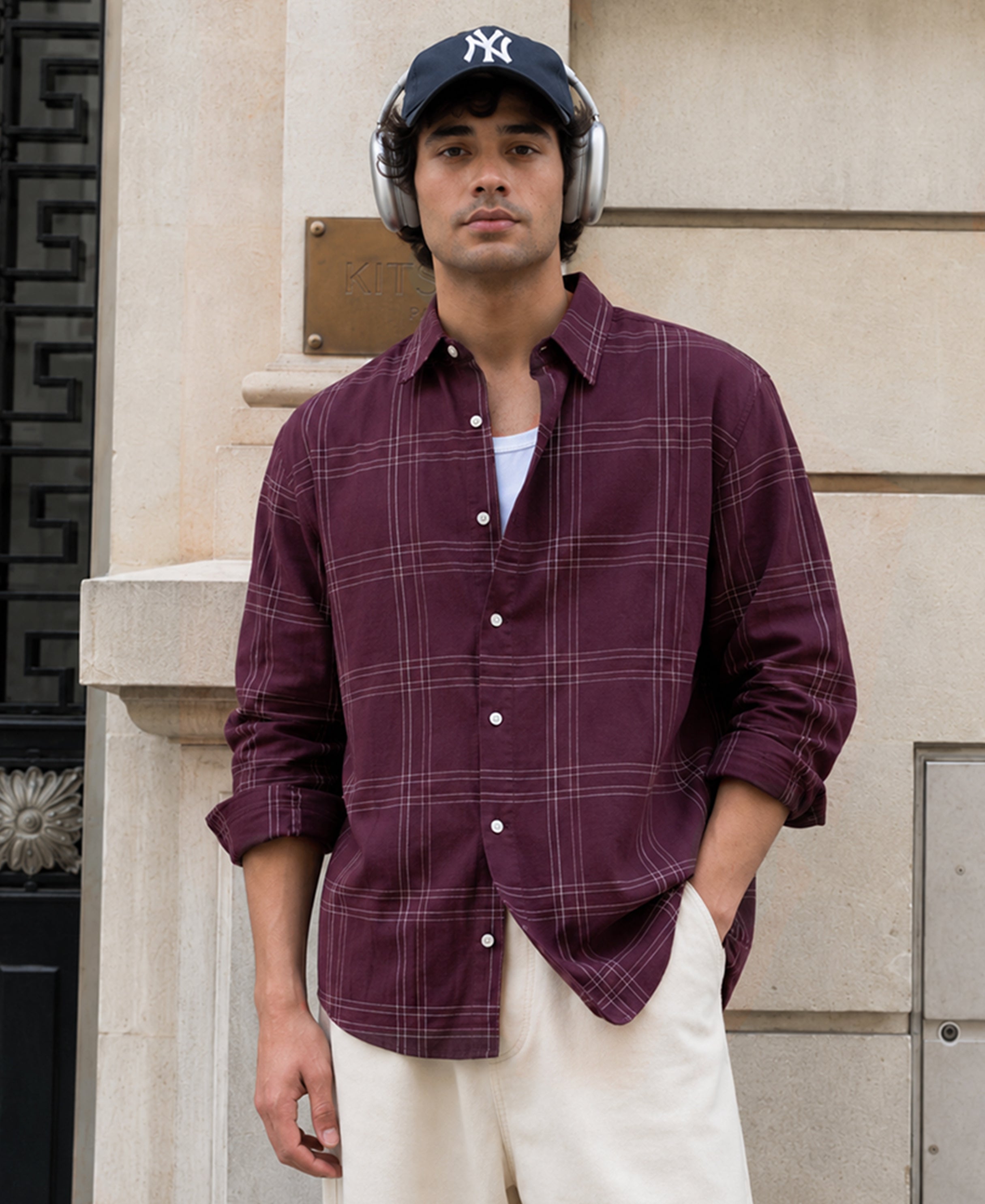 Brown Linen Blend Checks Shirt 100% Cotton