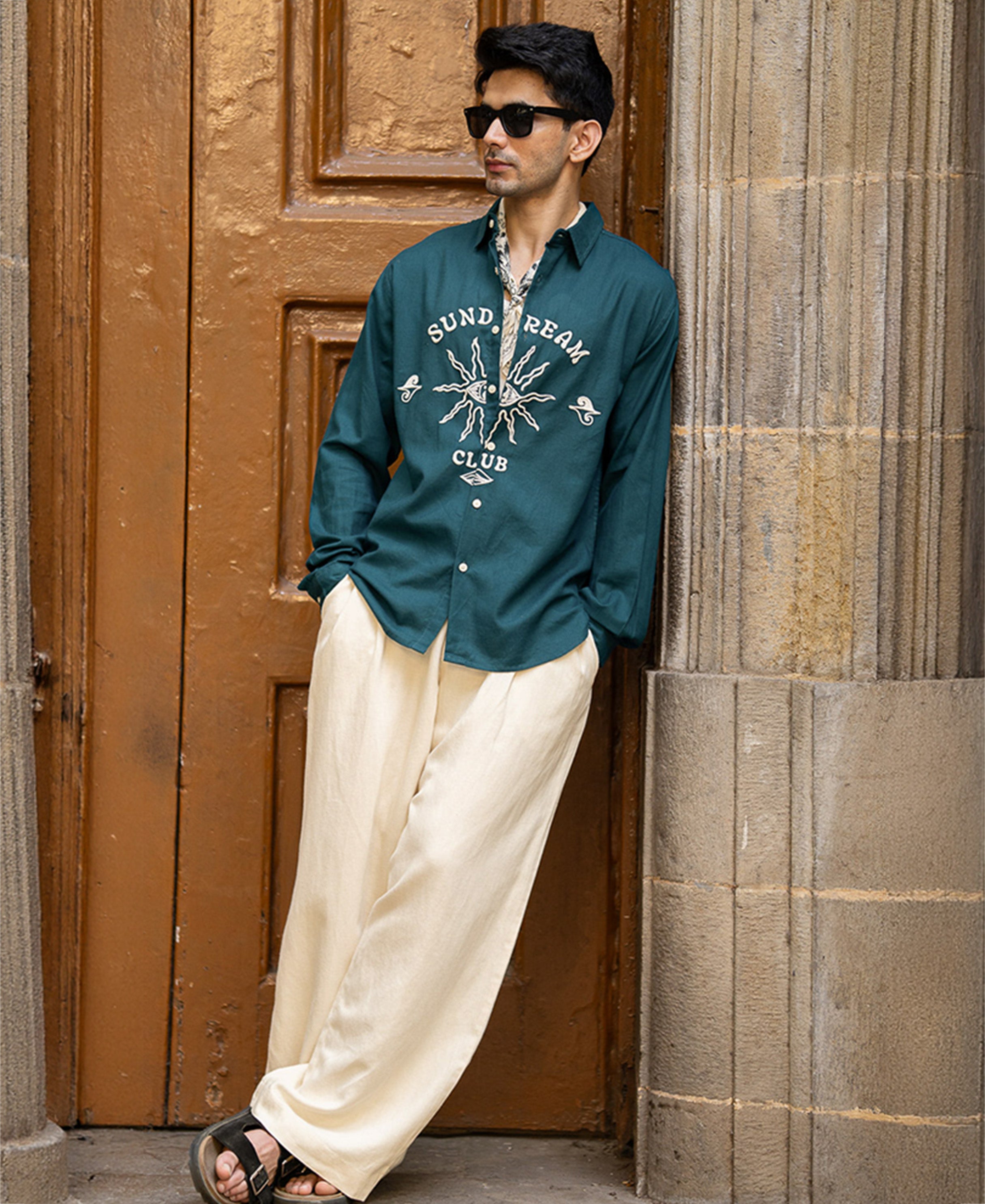 Teal Blue Embroidered Shirt 100% Cotton