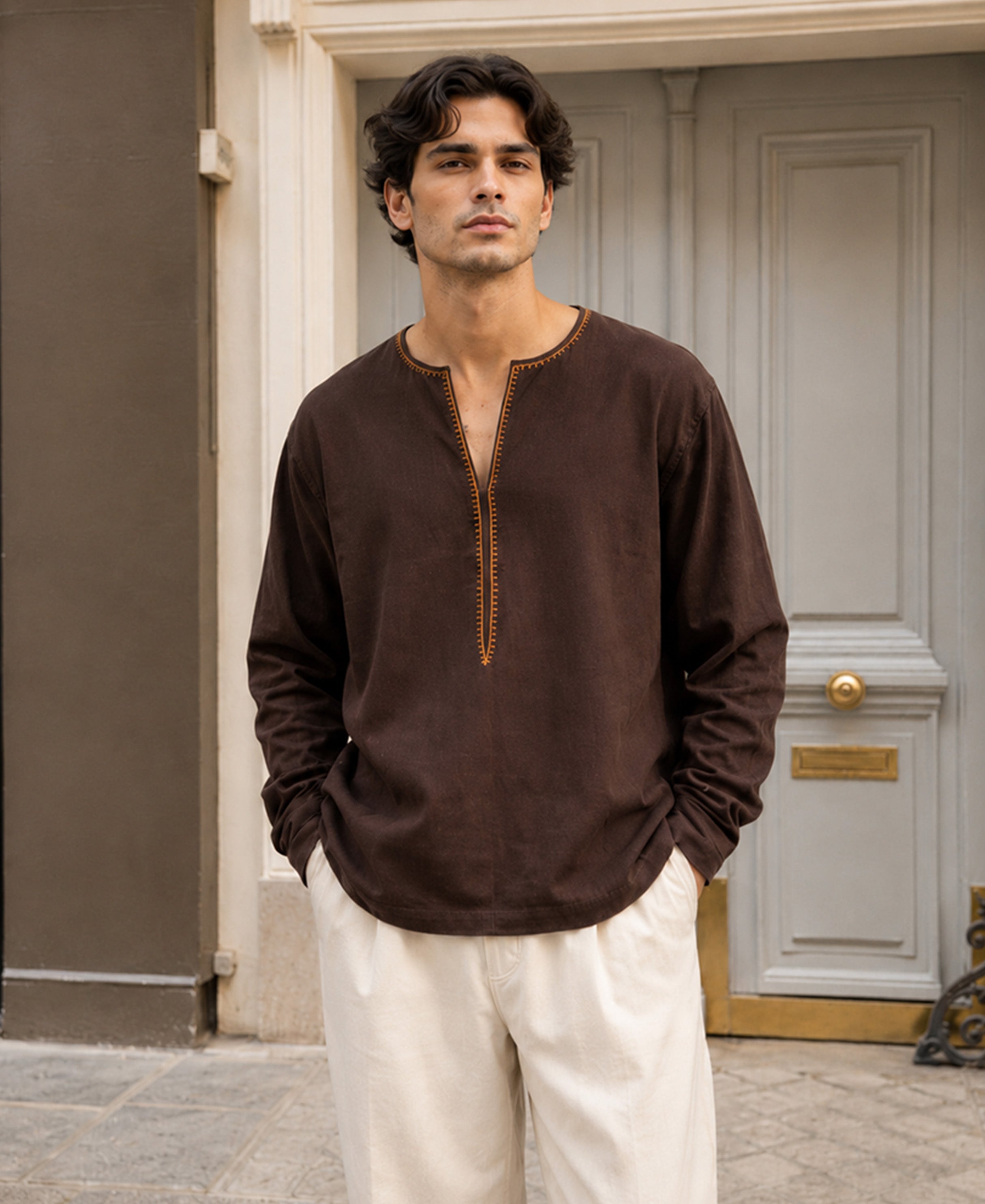 Brown Embroidered Linen Blend Kurta Shirt