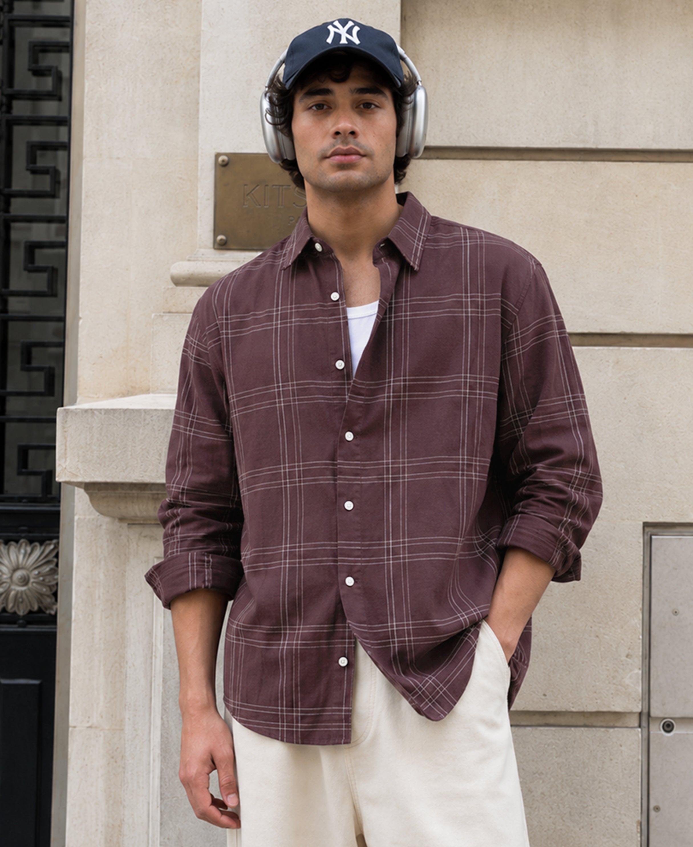 Brown Linen Blend Checks Shirt 100% Cotton