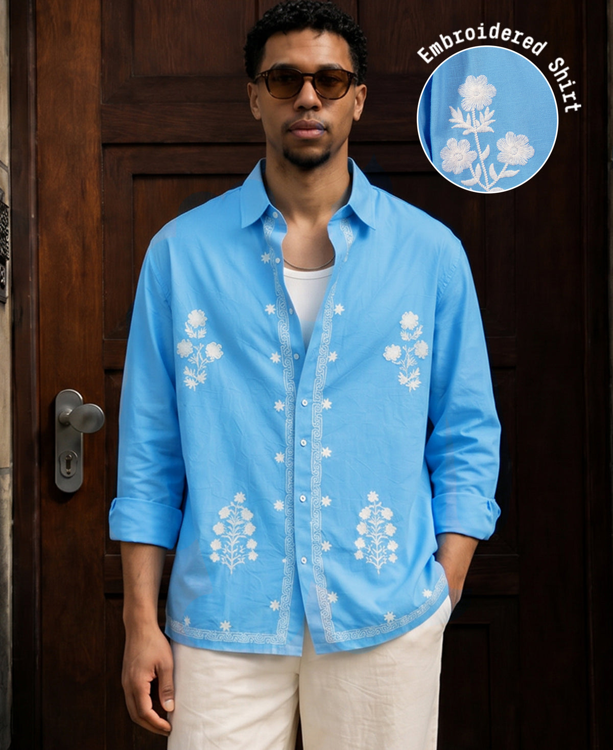 Sky Blue Floral Embroidery Shirt