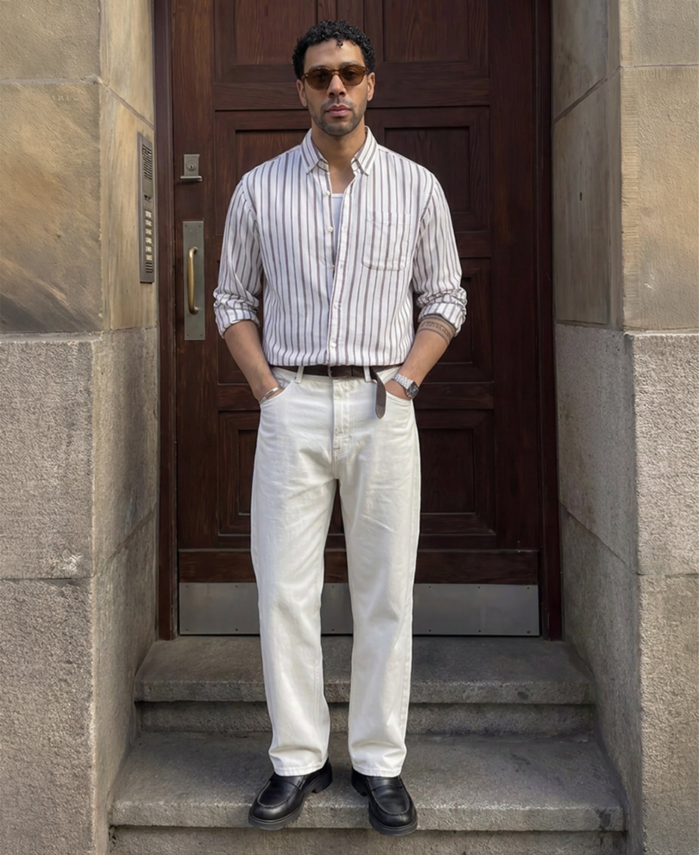 White Linen Blend Stripe Shirt