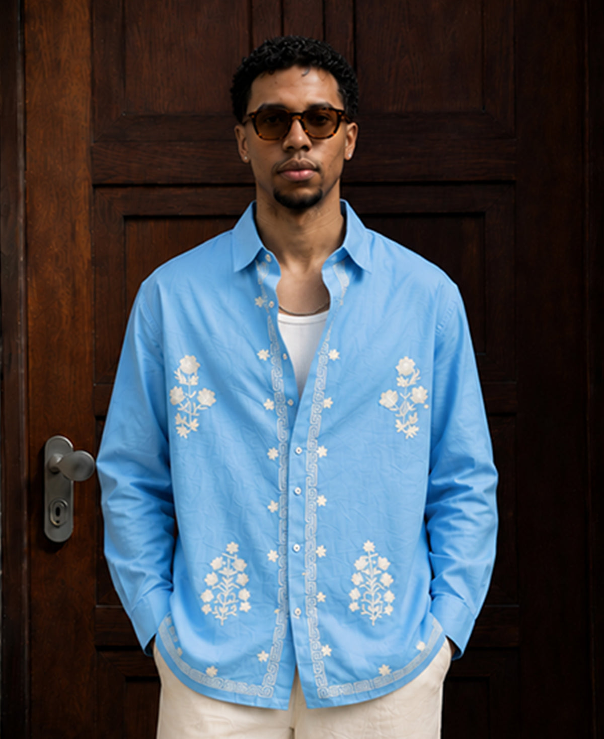 Sky Blue Floral Embroidery Shirt