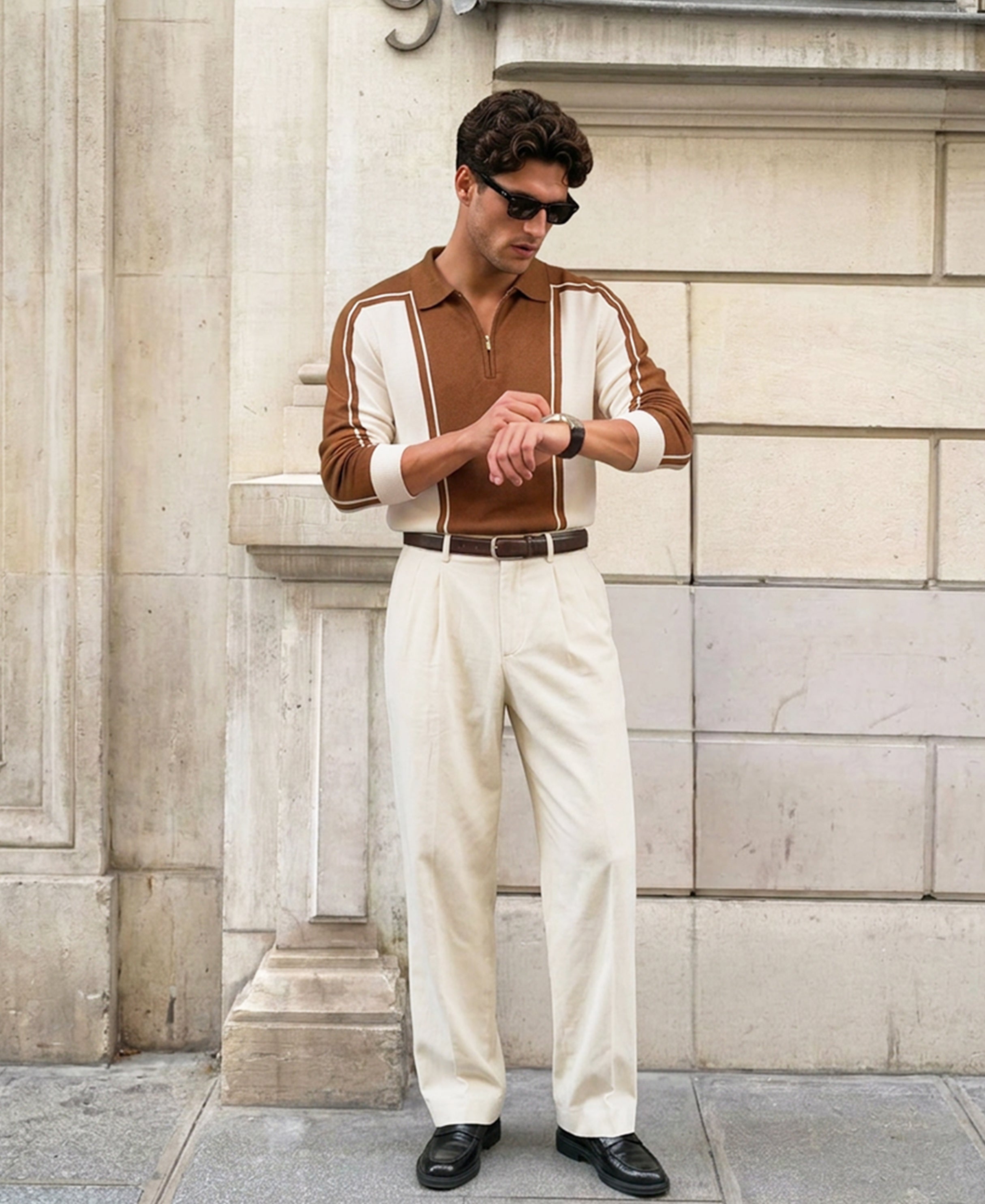 Brown-White Colour Blocked Polo T-Shirt 100% Cotton
