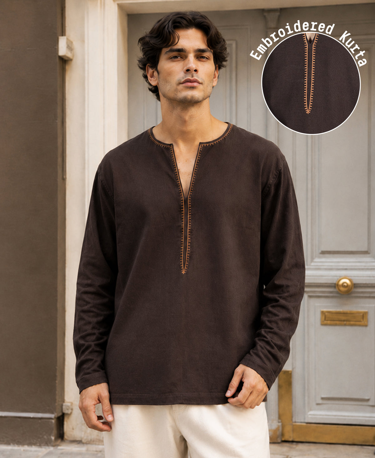 Brown Embroidered Linen Blend Kurta Shirt