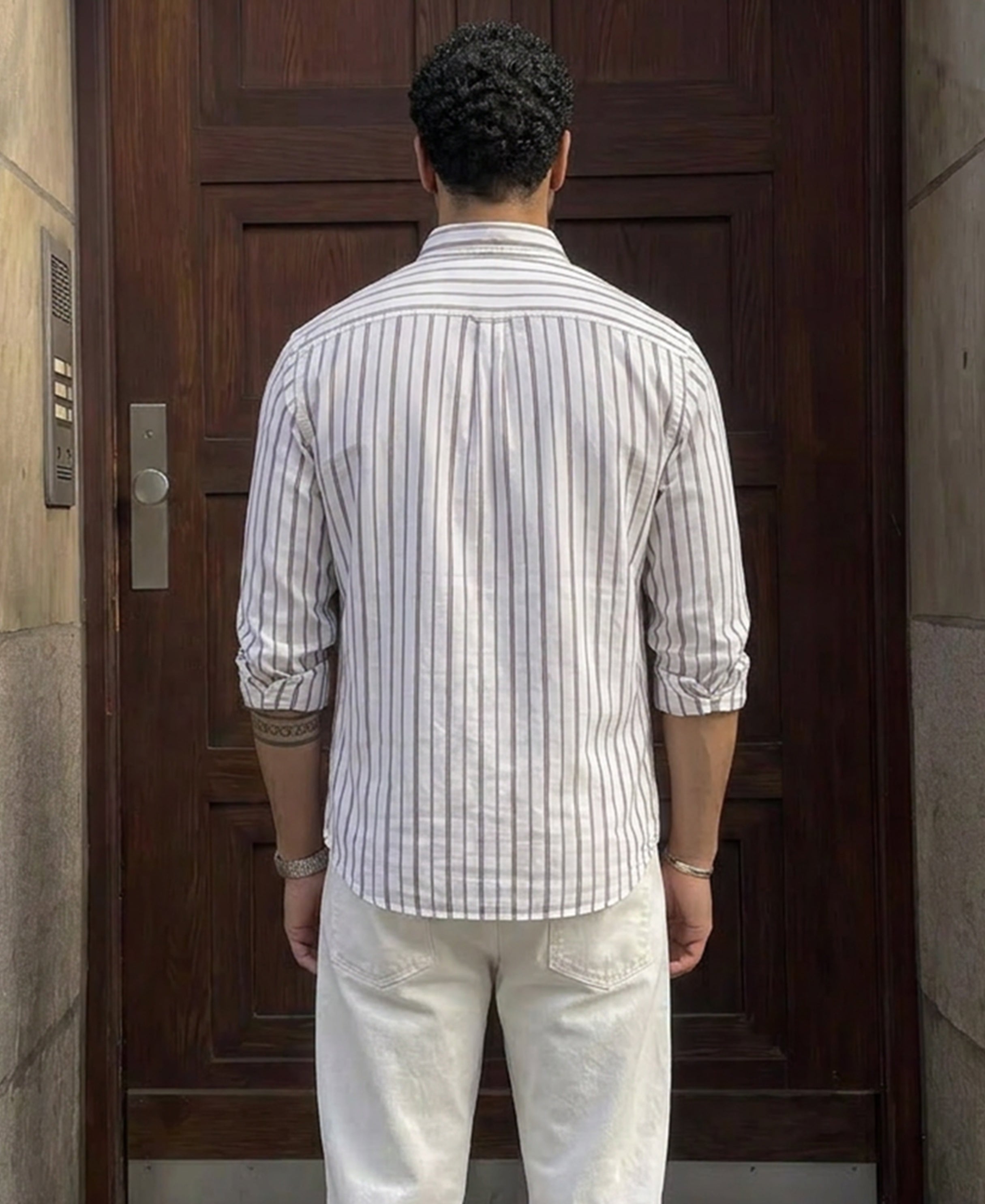 White Linen Blend Stripe Shirt
