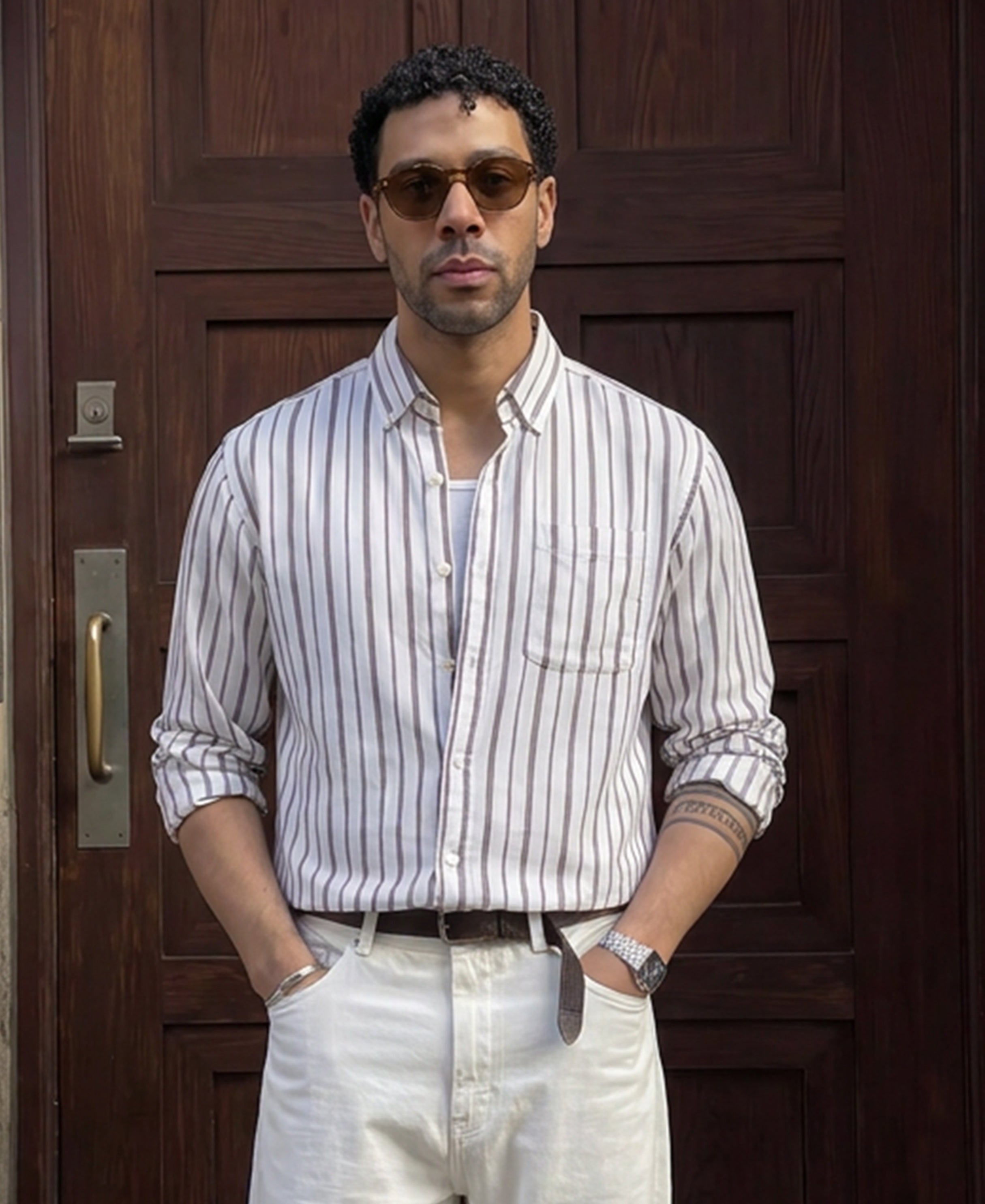 White Linen Blend Stripe Shirt