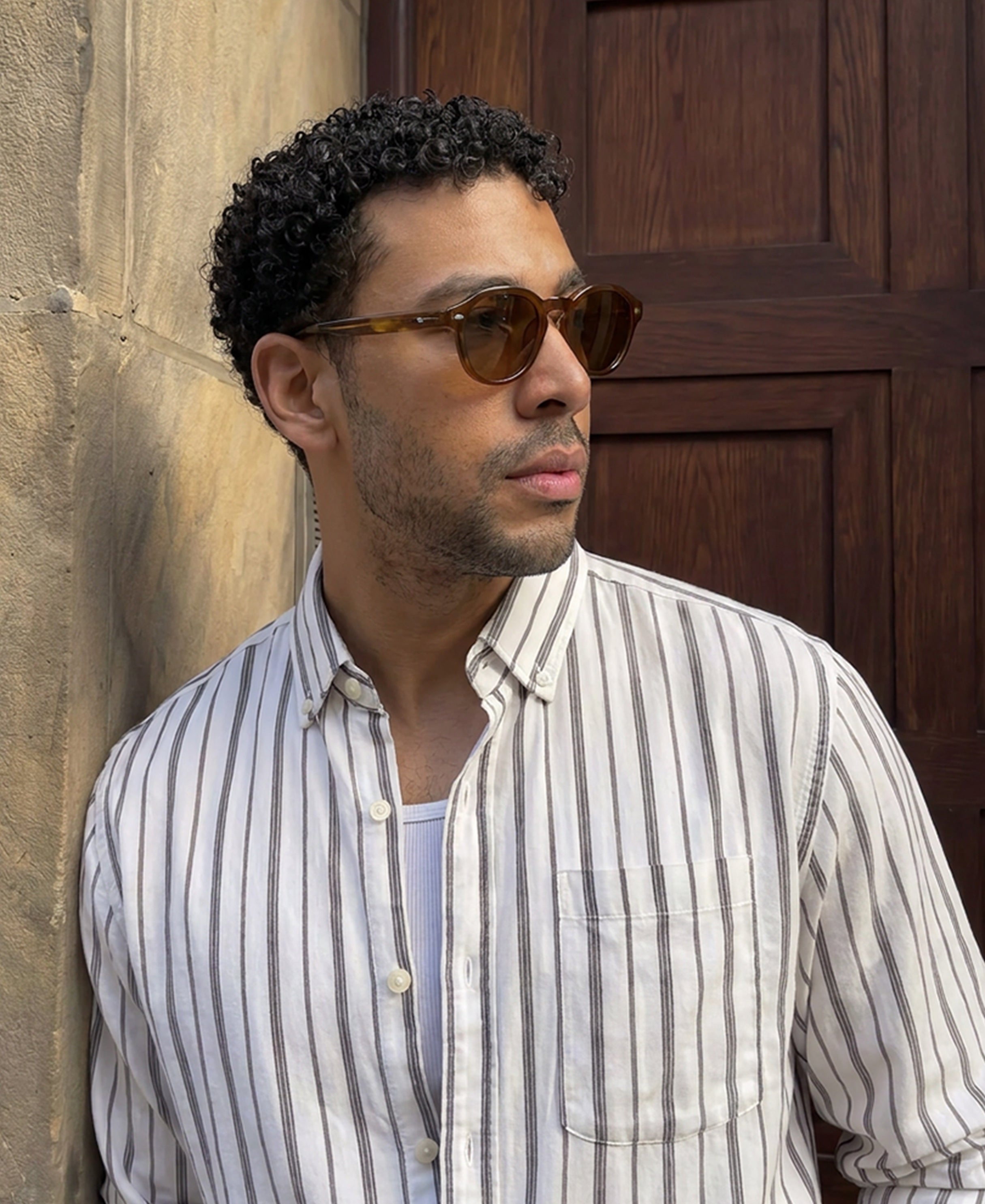White Linen Blend Stripe Shirt