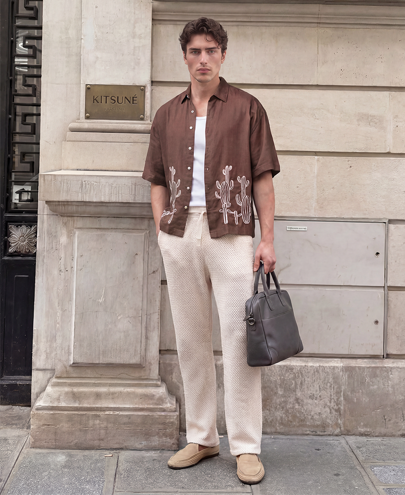 Brown Linen Blend Embroidery Shirt