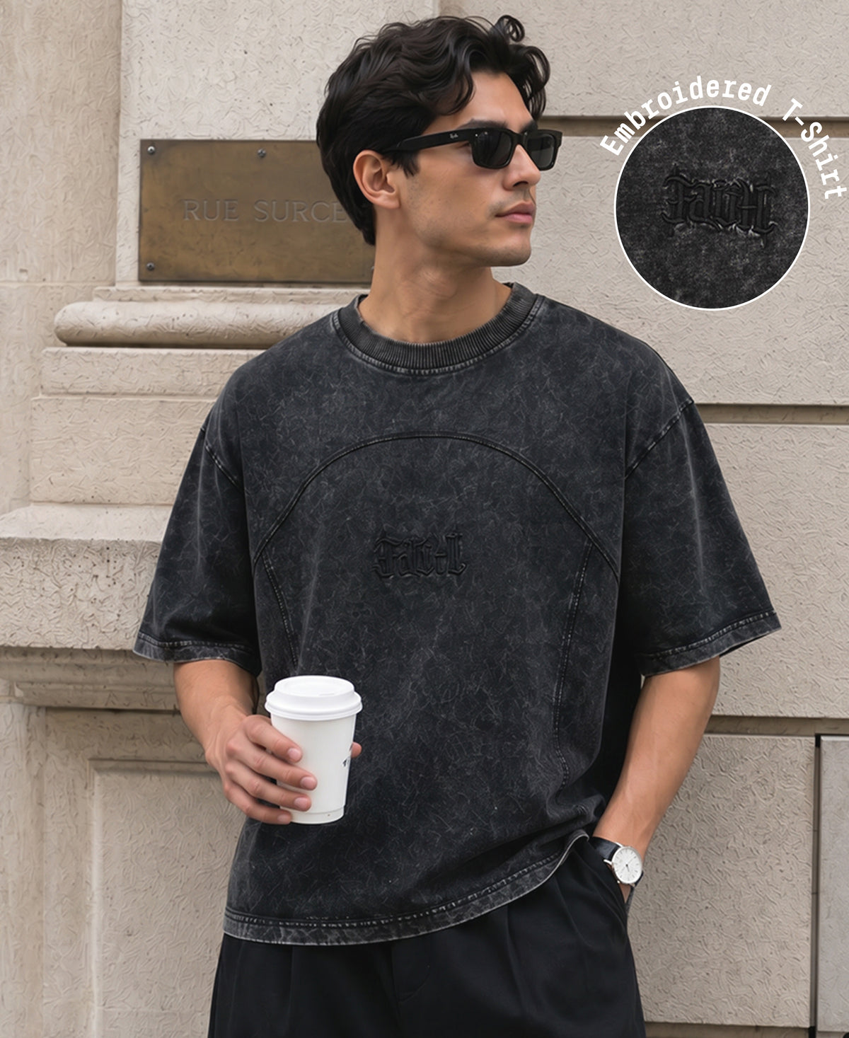 Grey Washed Panelled T-Shirt 100% Cotton