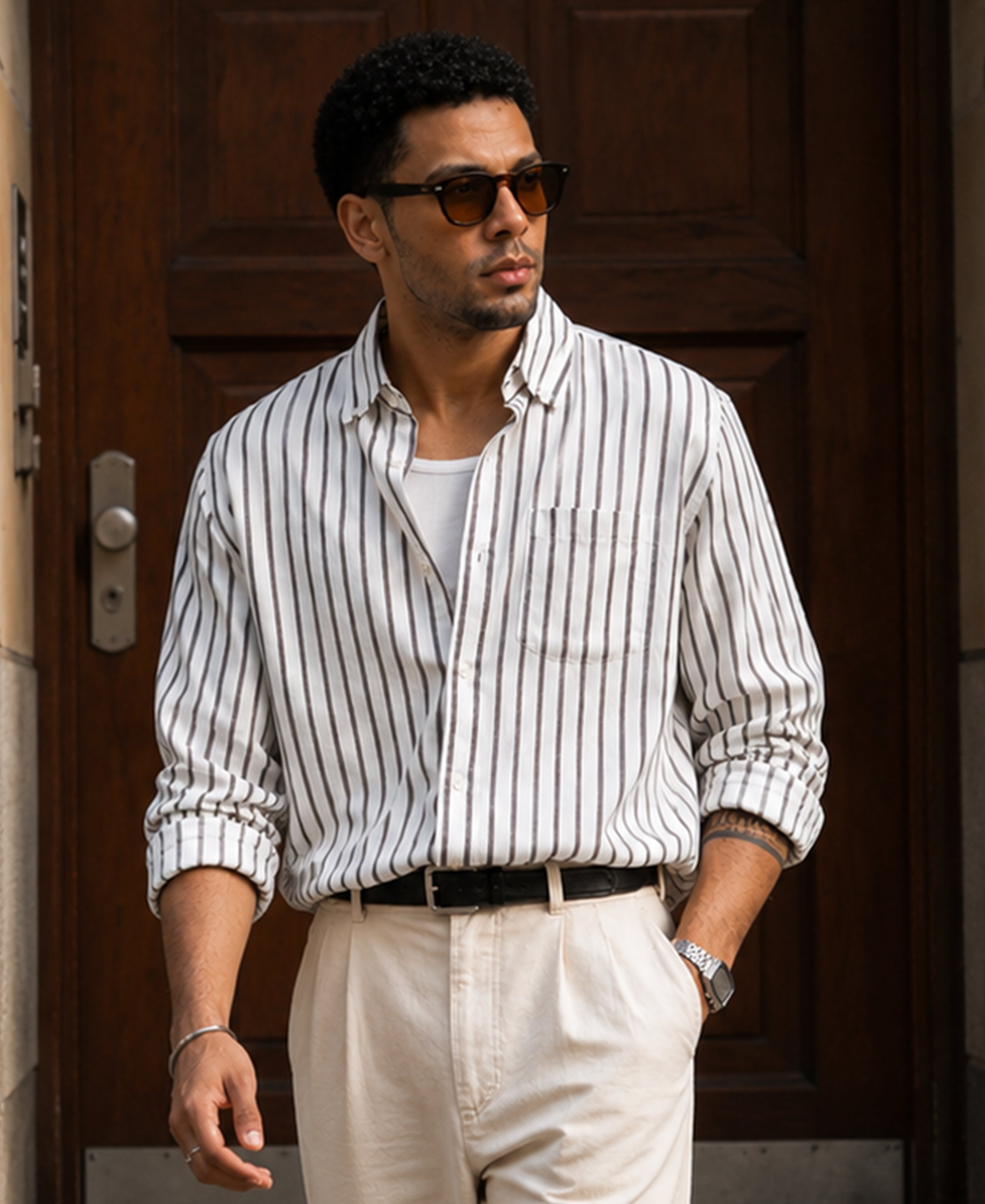 White Linen Blend Stripe Shirt