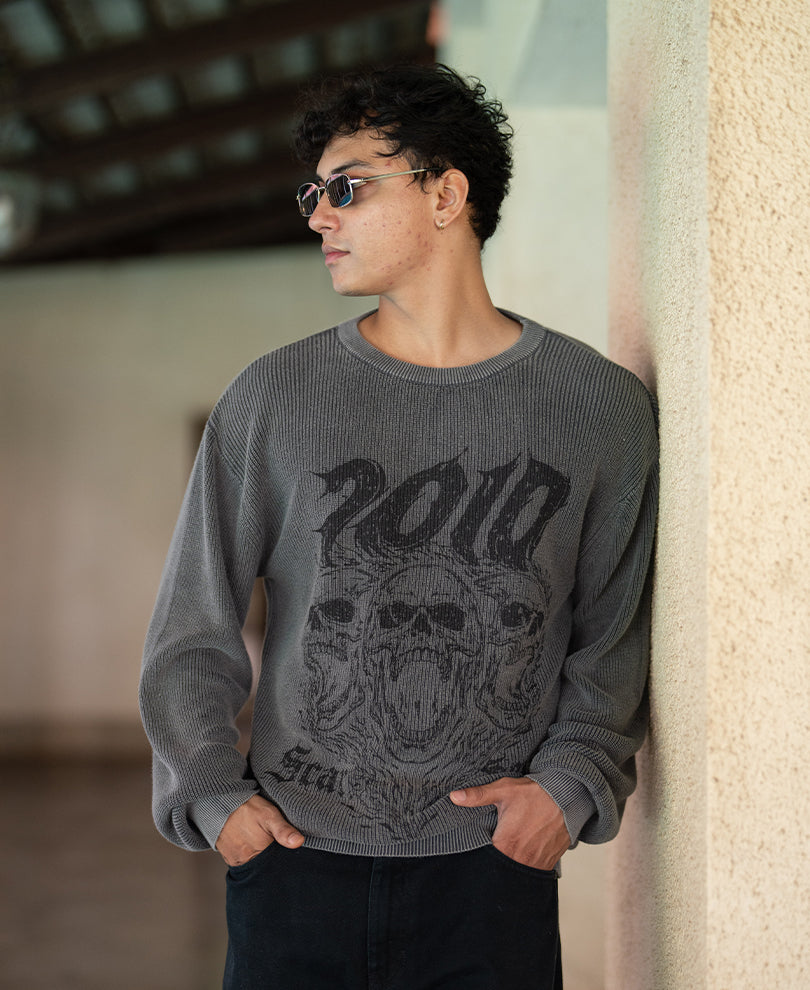 Grey Gothic Print Knit T-Shirt