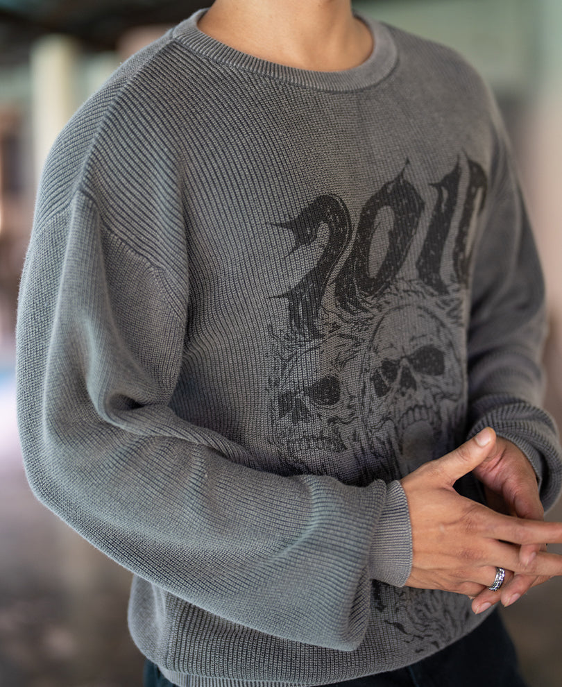 Grey Gothic Print Knit T-Shirt