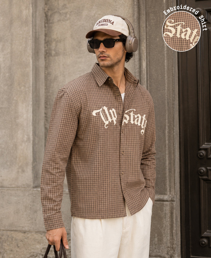 Light Brown Embroidered Checks Shirt 100% Cotton
