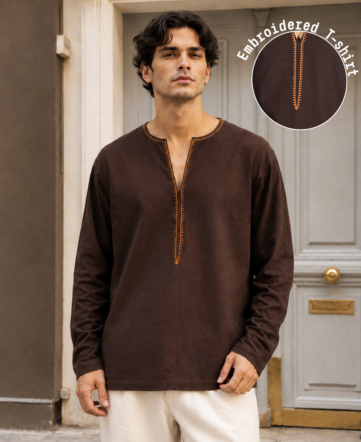 Brown Embroidered Linen Blend Kurta Shirt