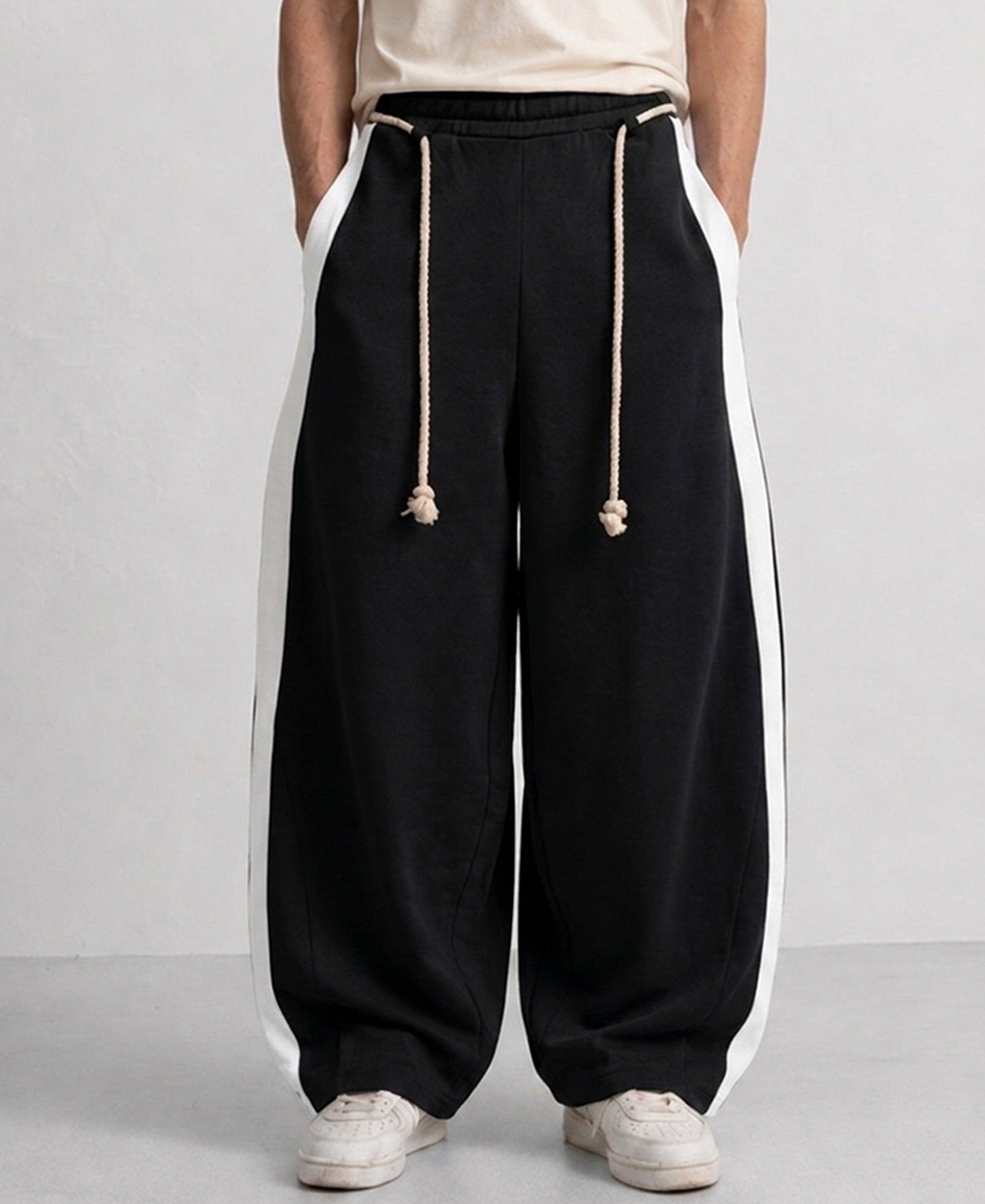 Black Panelled Barrel Fit Trackpant