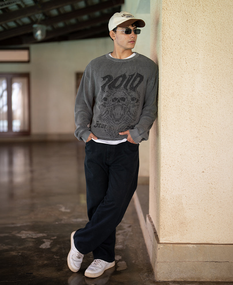 Grey Gothic Print Knit T-Shirt